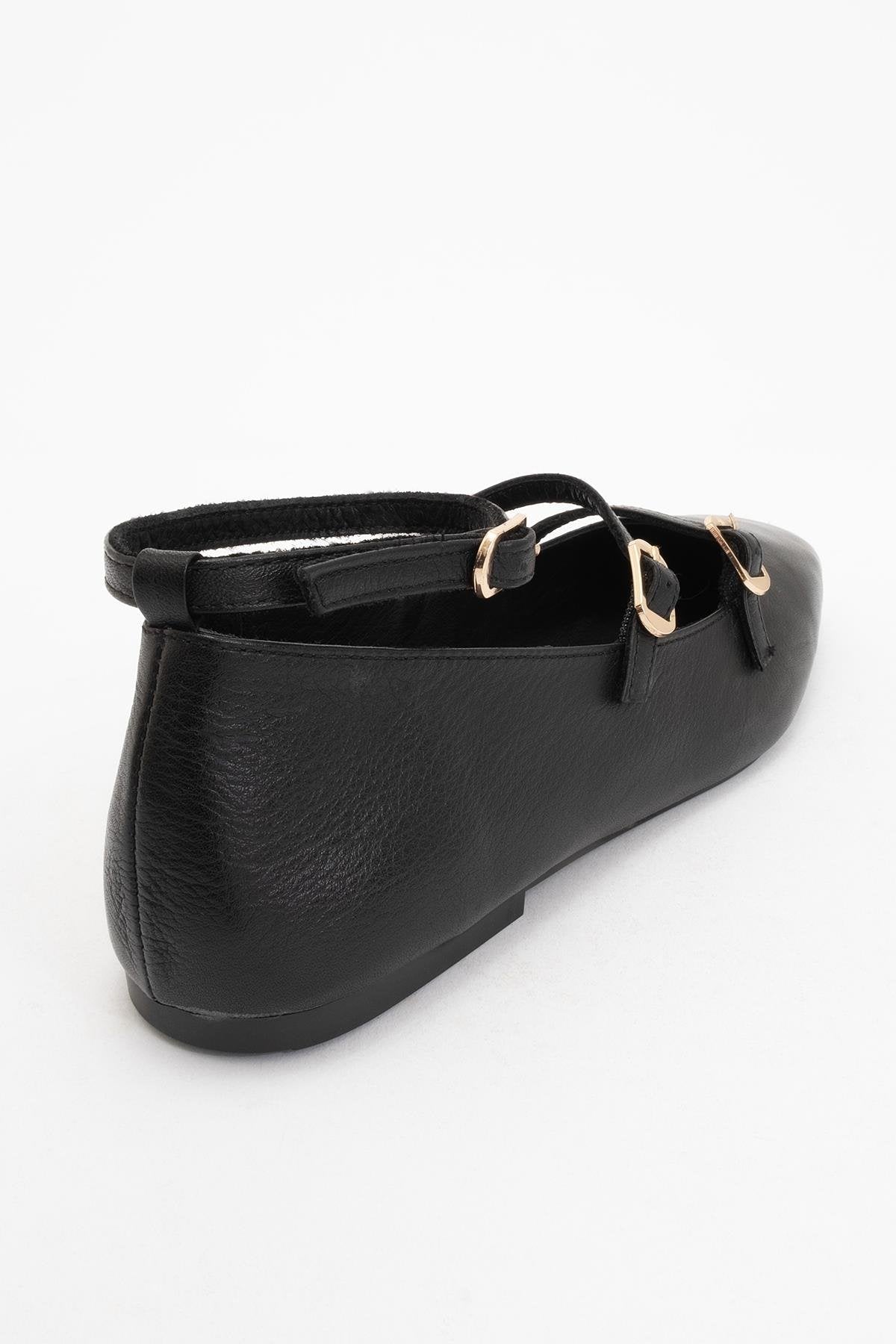 Serena - Black Leather Mary Jane Flats – heel view showing leather, suede, black, Vowalisse