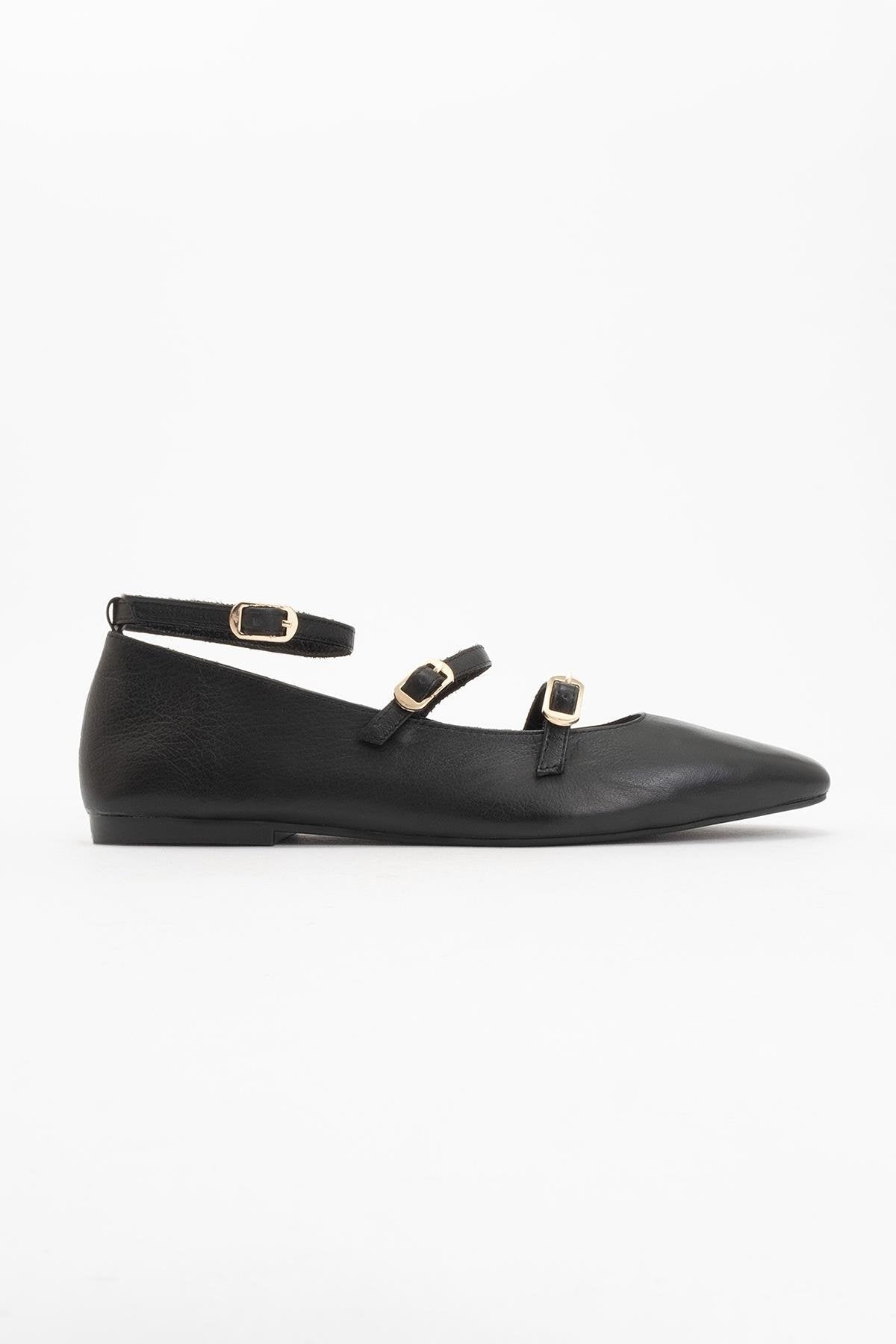 Serena - Black Leather Mary Jane Flats – back view showing leather, suede, black, Vowalisse