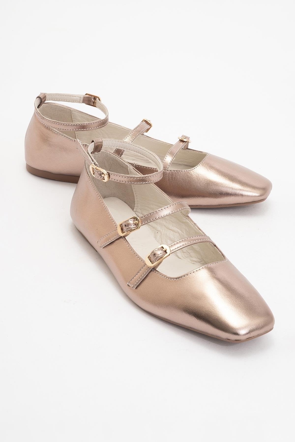 Serena - Gold Leather Mary Jane Flats – front three-quarter view showing leather, suede, gold, Vowalisse