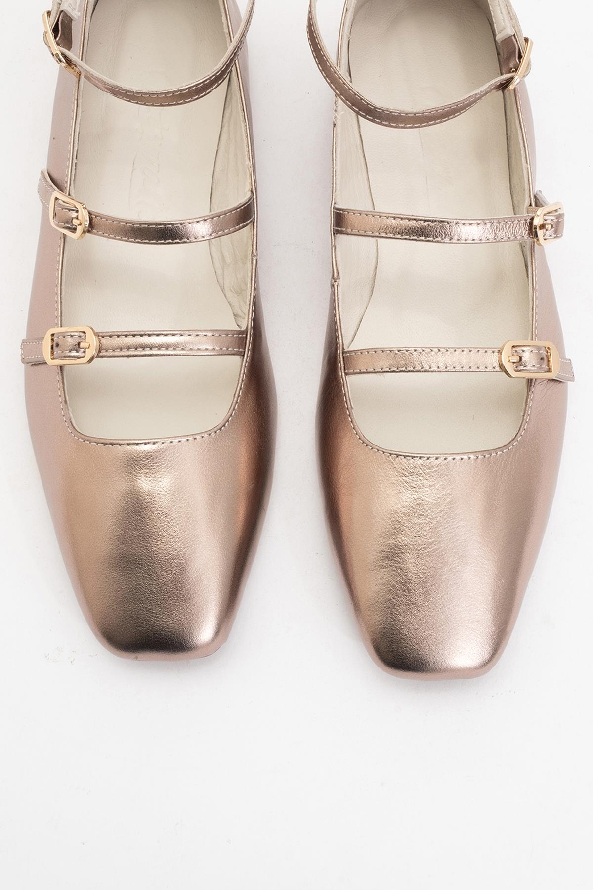 Serena - Gold Leather Mary Jane Flats – side view showing leather, suede, gold, Vowalisse