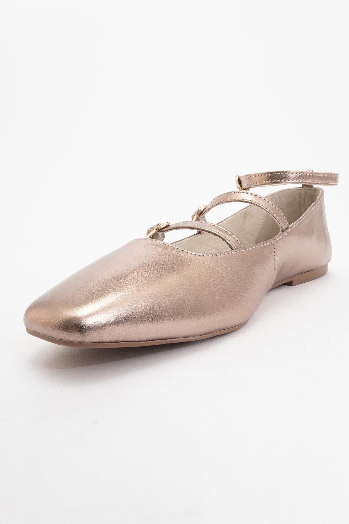 Serena - Gold Leather Mary Jane Flats – detail view showing leather, suede, gold, Vowalisse