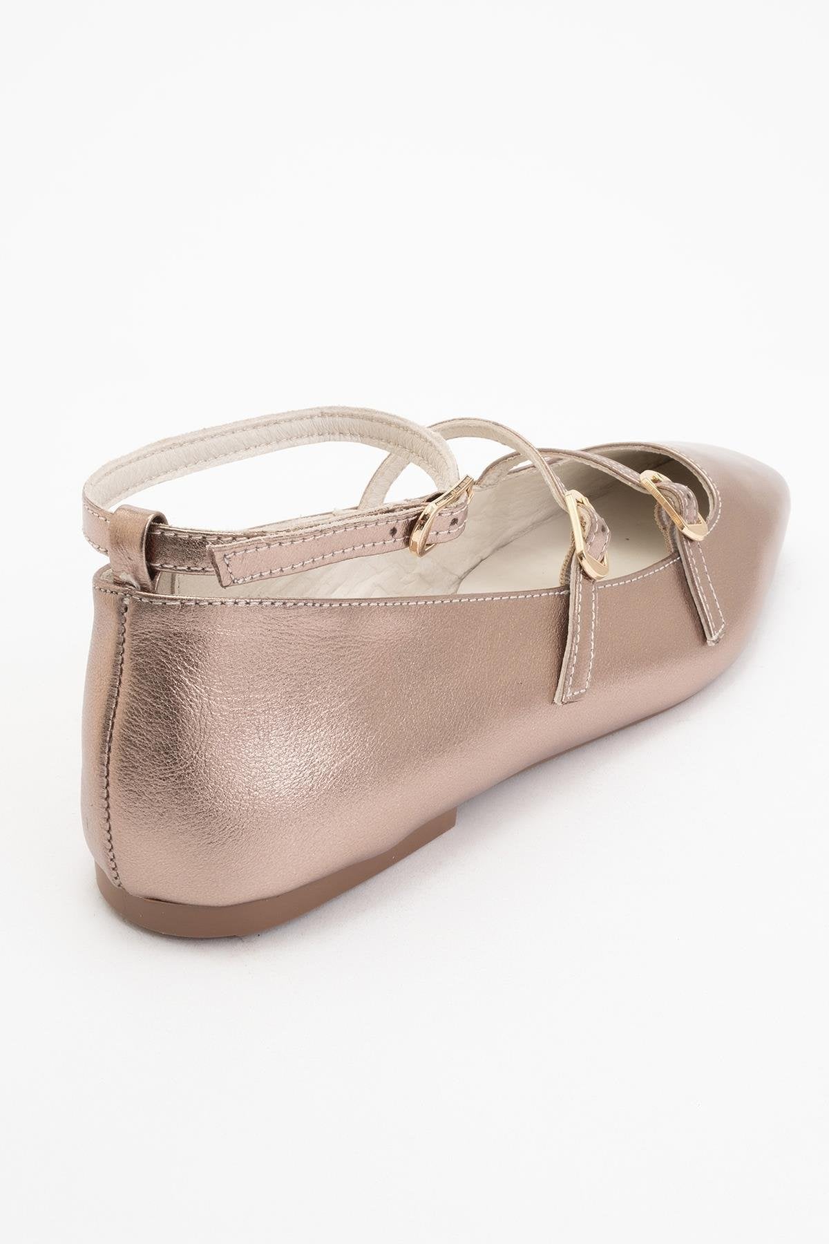Serena - Gold Leather Mary Jane Flats – heel view showing leather, suede, gold, Vowalisse