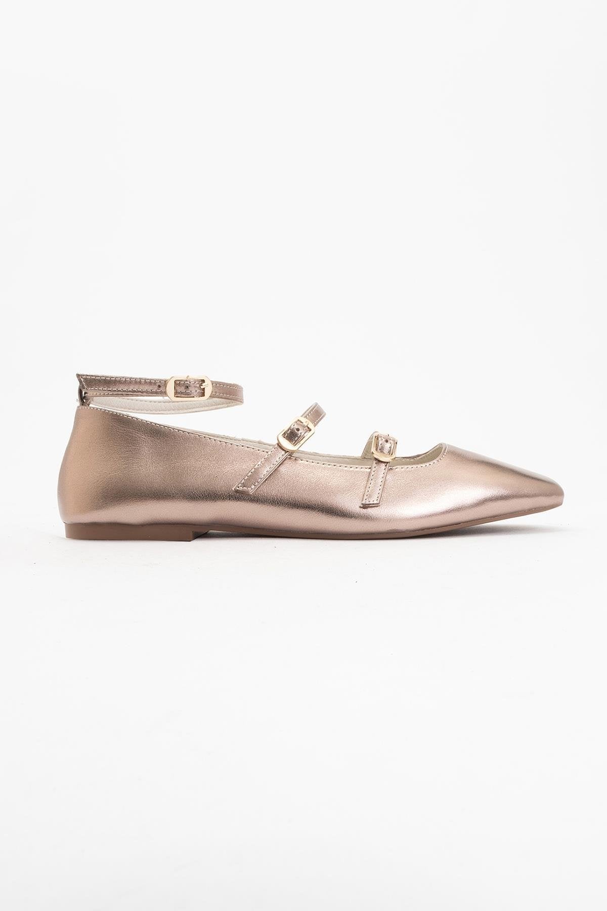 Serena - Gold Leather Mary Jane Flats – back view showing leather, suede, gold, Vowalisse