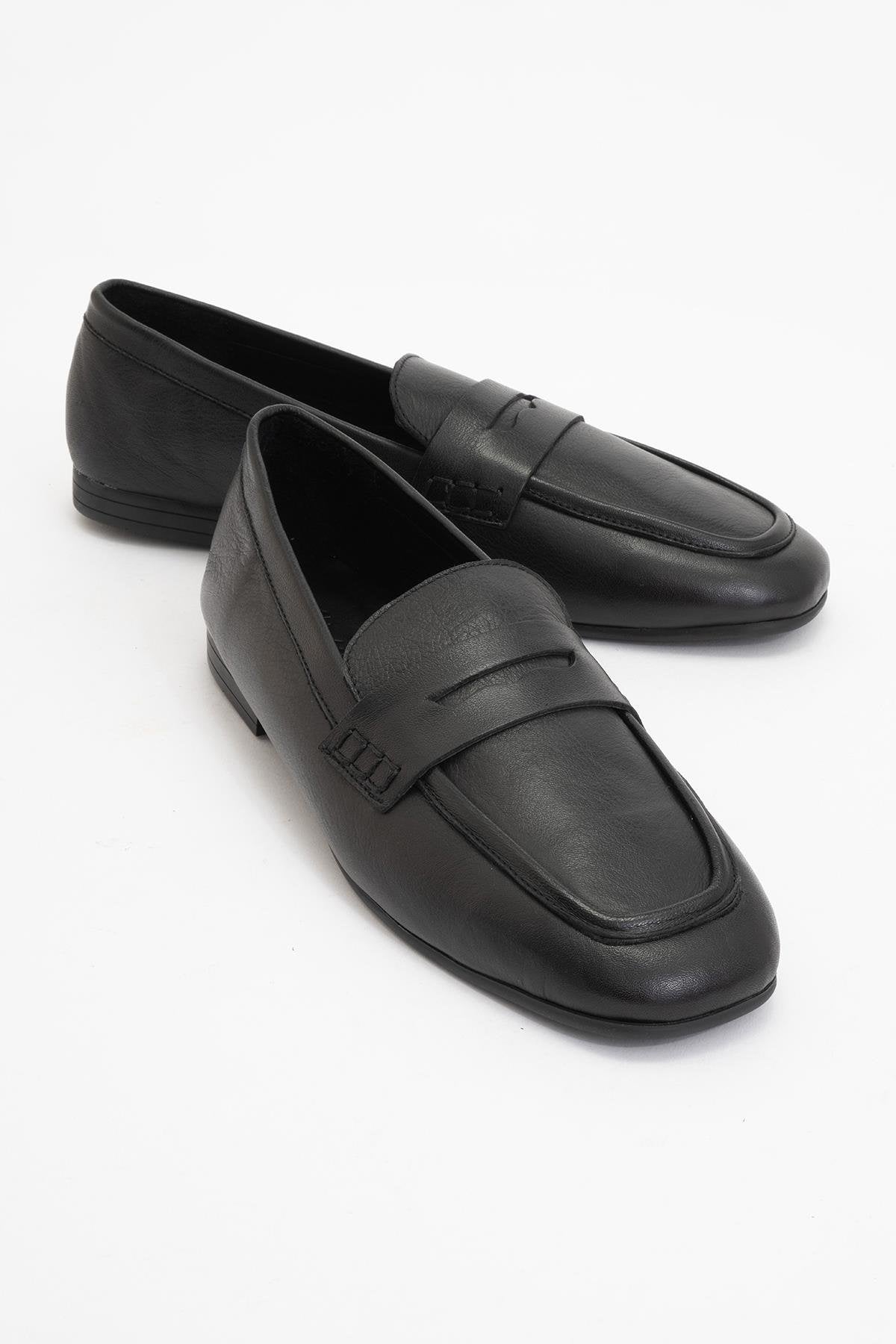 Skye - Black Leather Loafers – front three-quarter view showing leather, black, red, Vowalisse