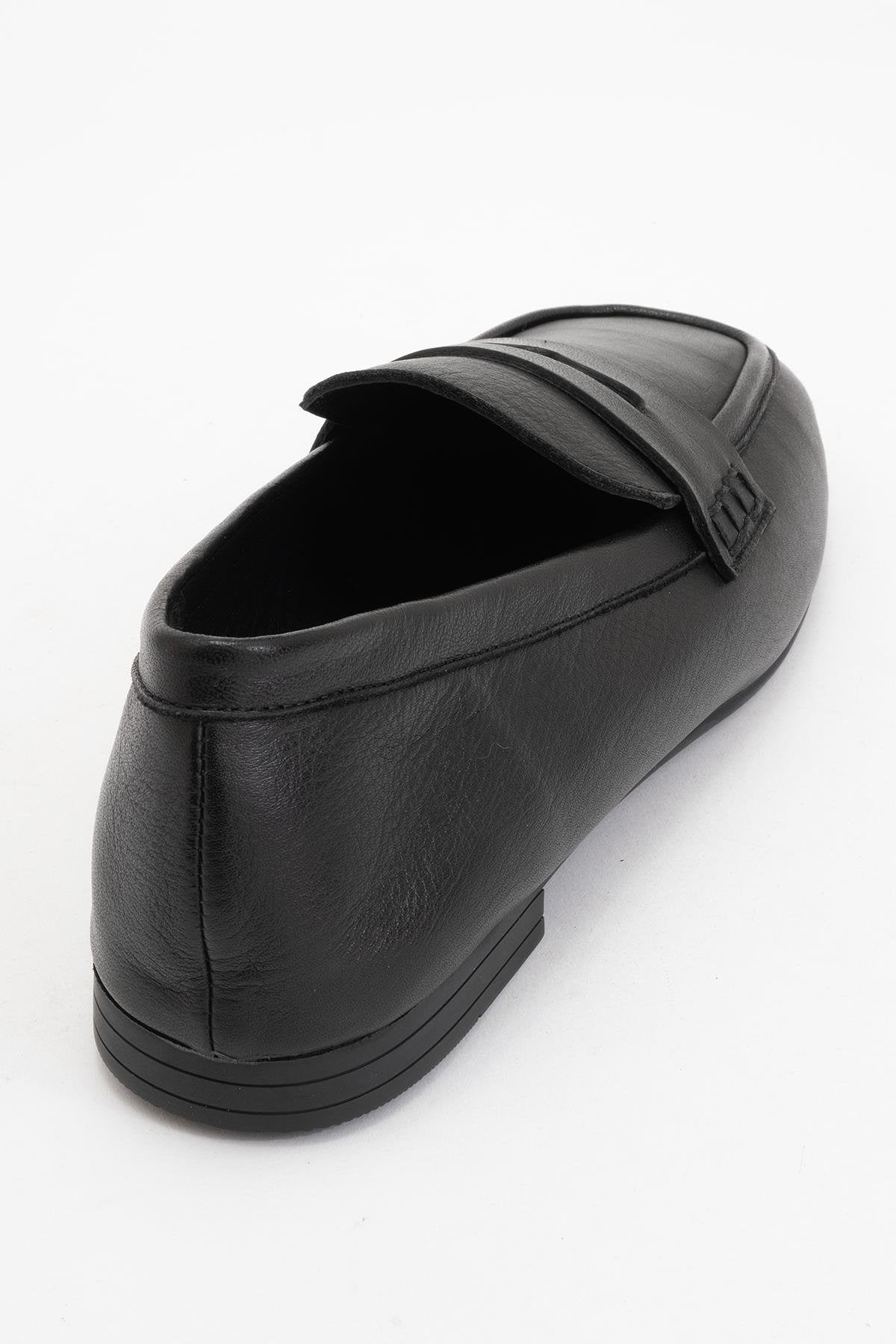 Skye - Black Leather Loafers – heel view showing leather, black, red, Vowalisse