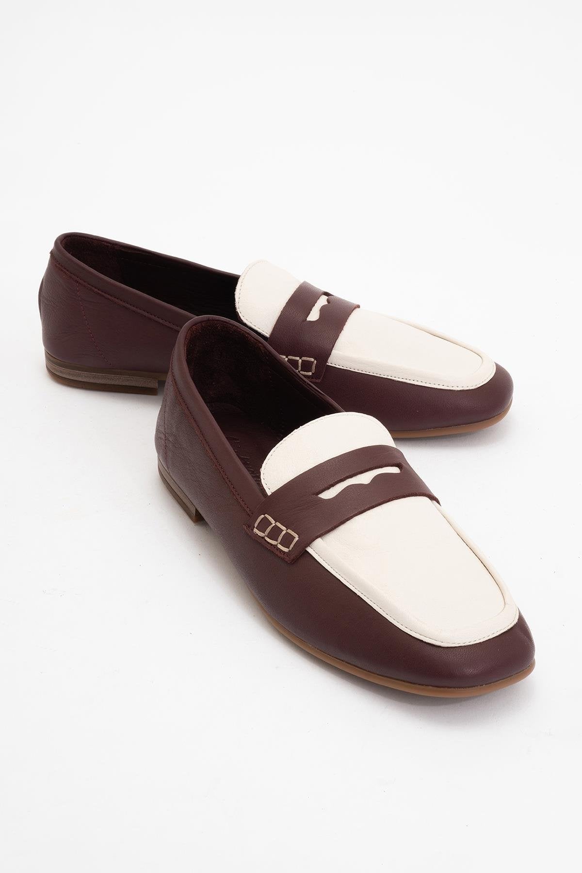 Skye - Brown White Leather Loafers – front three-quarter view showing leather, white, red, Vowalisse