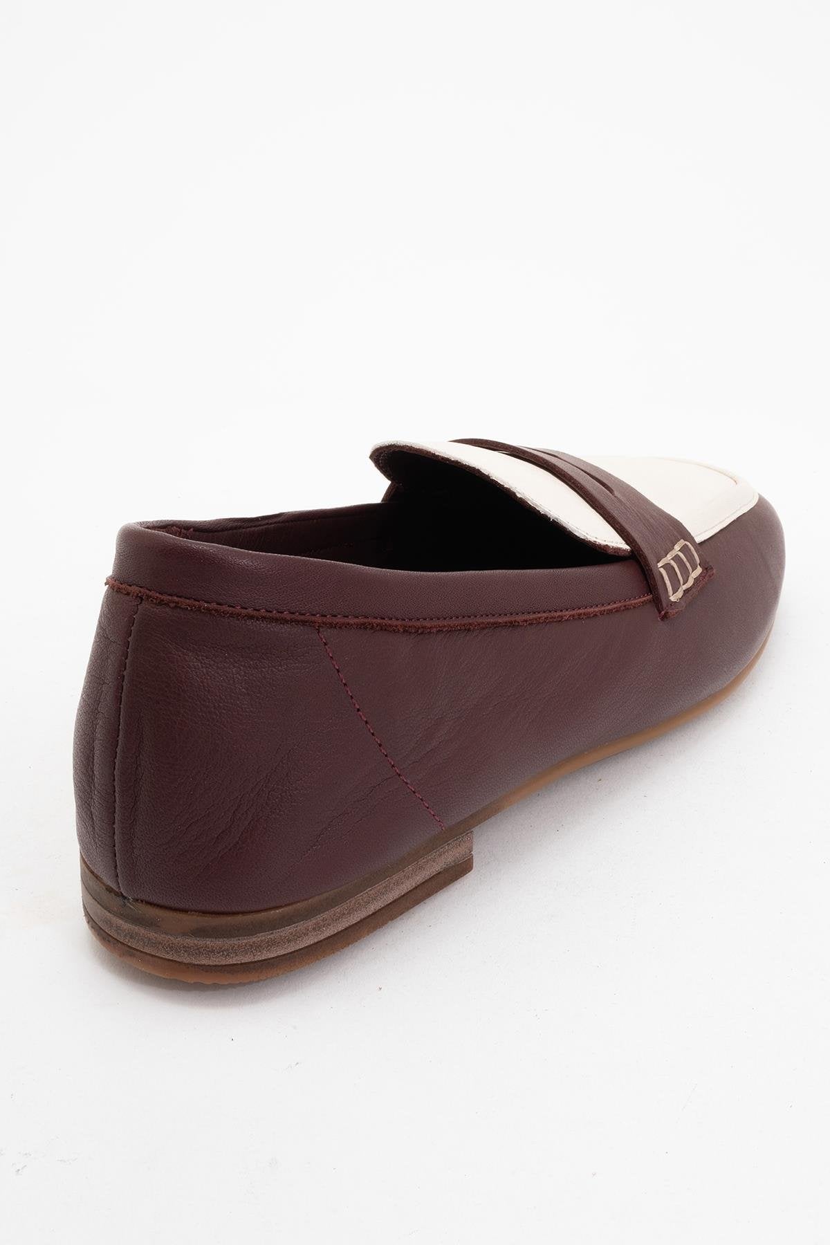 Skye - Brown White Leather Loafers – heel view showing leather, white, red, Vowalisse