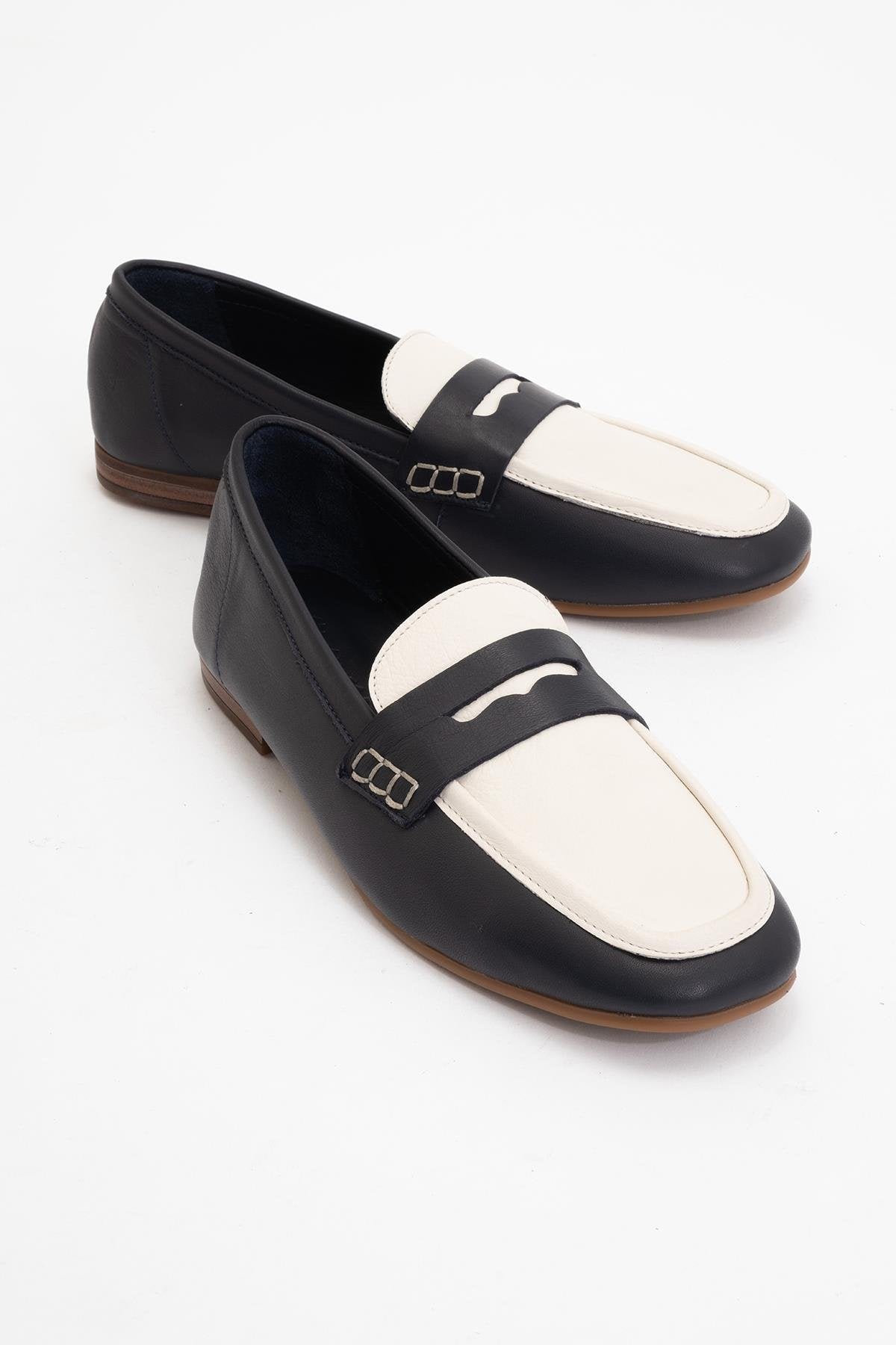 Skye - Black White Leather Loafers – front three-quarter view showing leather, white, black, Vowalisse