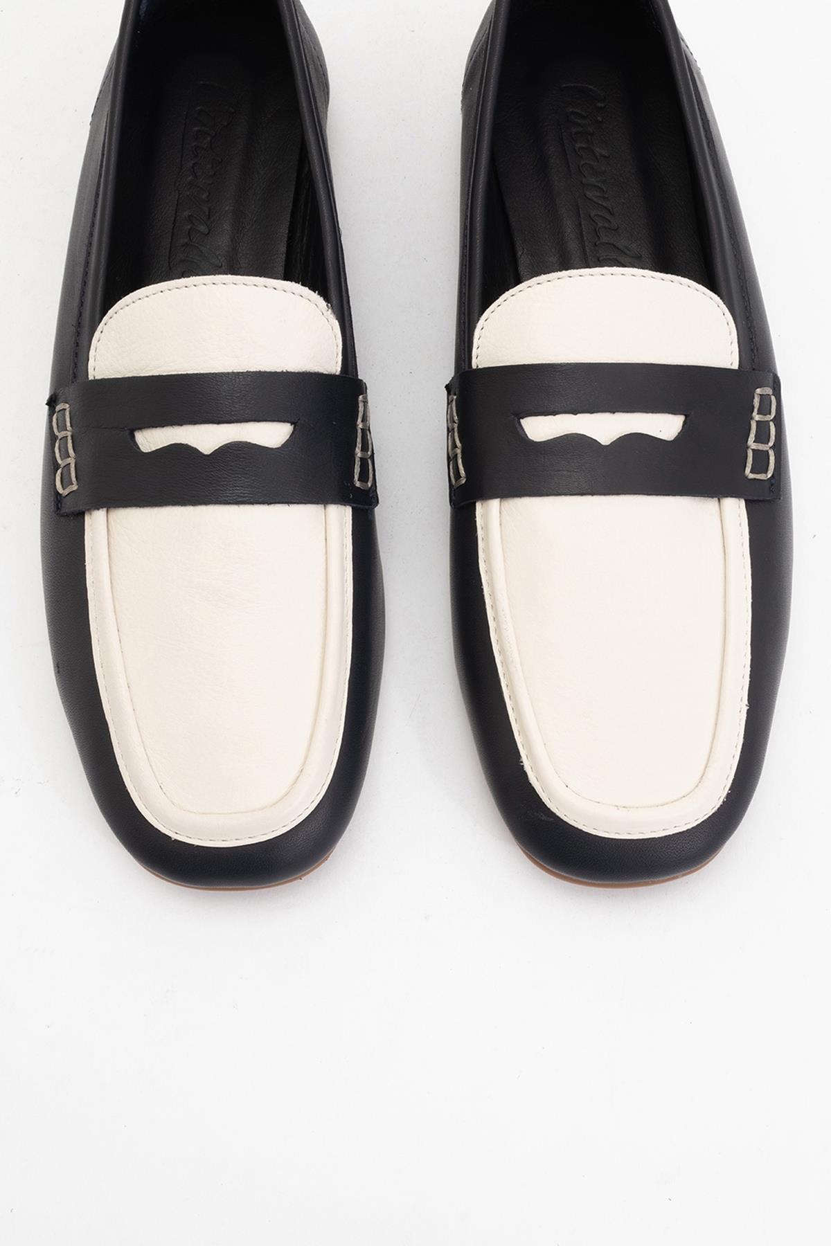 Skye - Black White Leather Loafers – side view showing leather, white, black, Vowalisse