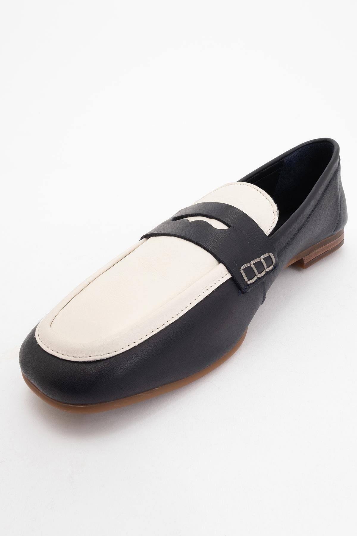 Skye - Black White Leather Loafers – detail view showing leather, white, black, Vowalisse