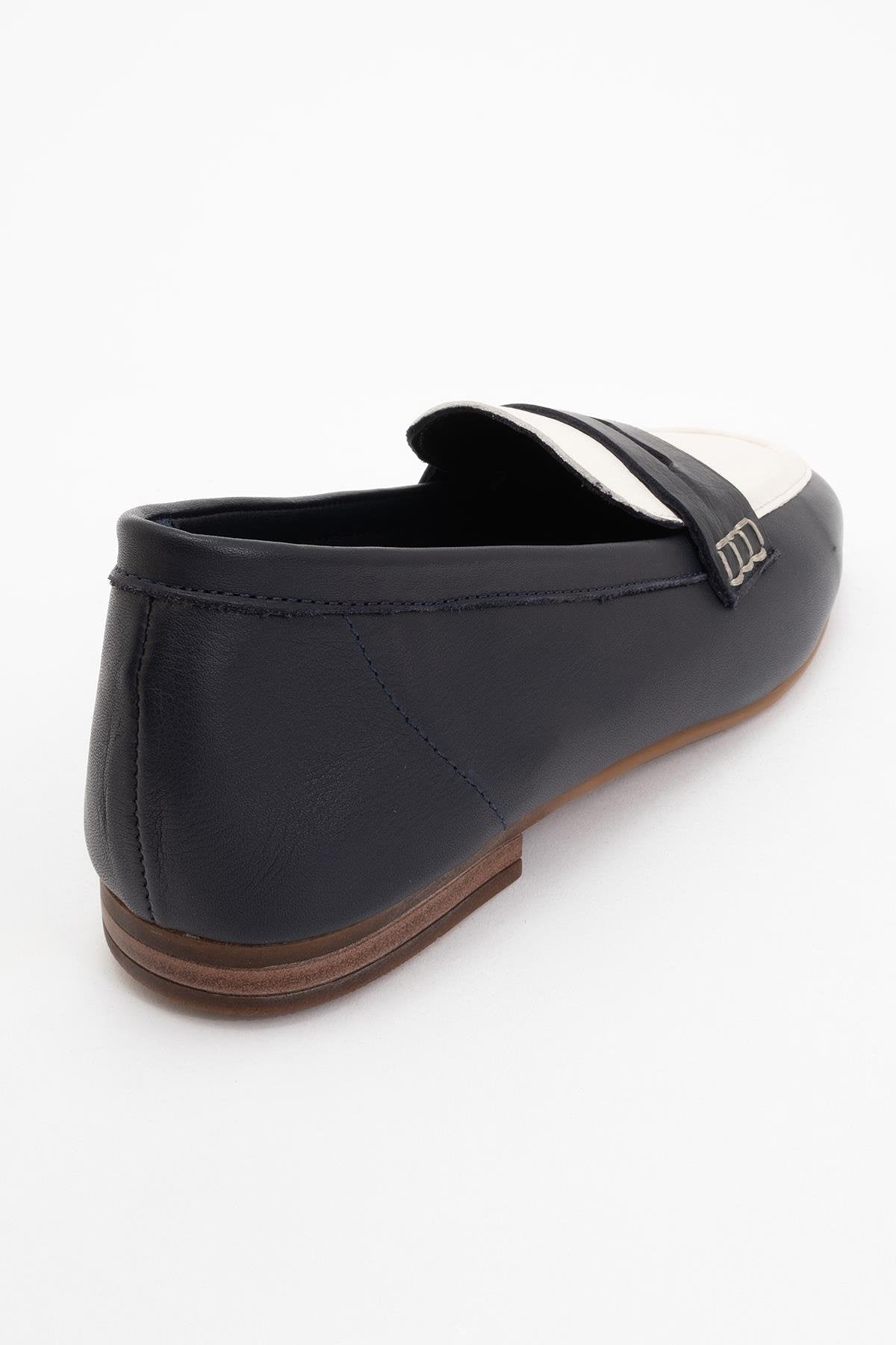 Skye - Black White Leather Loafers – heel view showing leather, white, black, Vowalisse