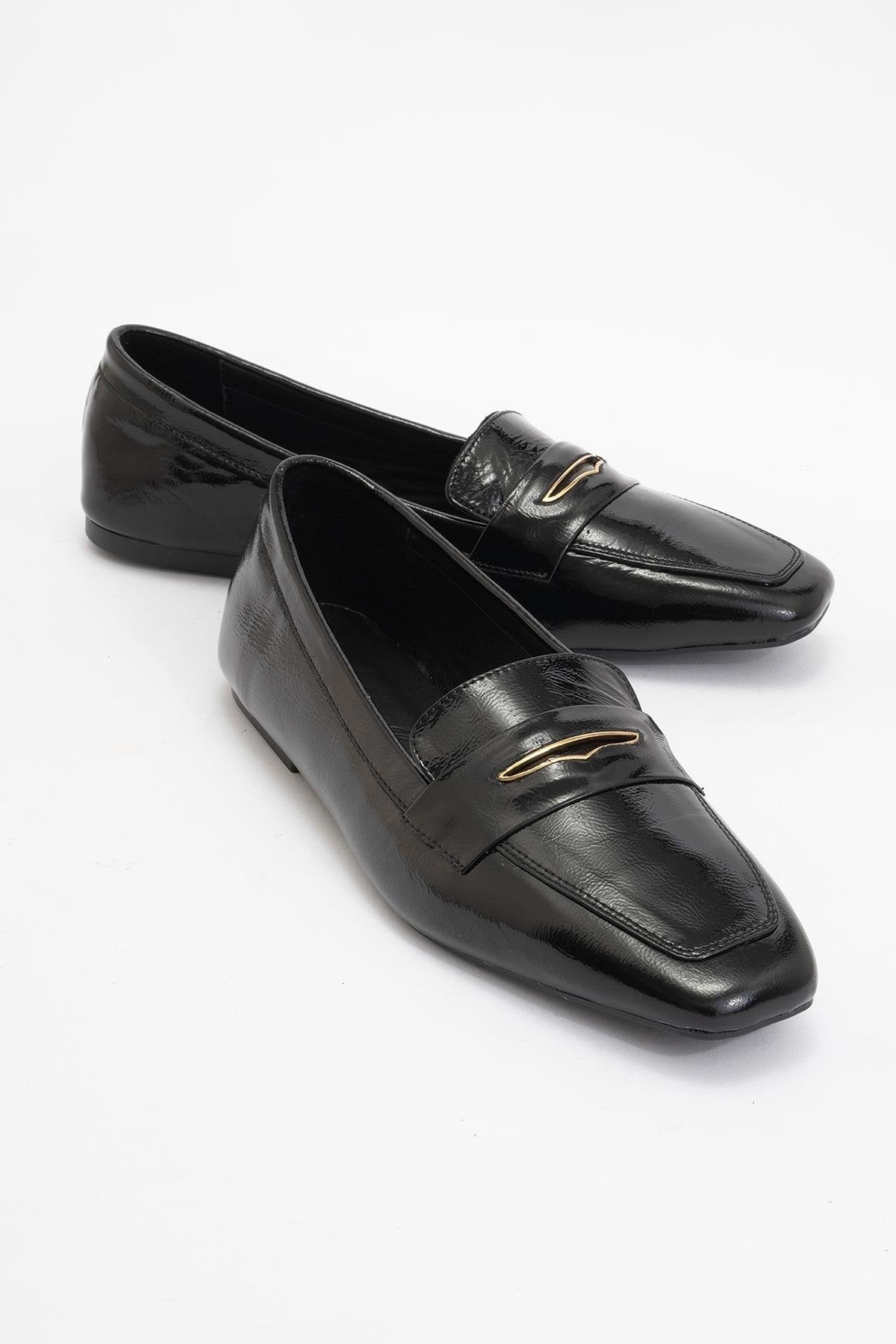 Iridessa - Black Patent Leather Loafers – front three-quarter view showing leather, black, red, Vowalisse