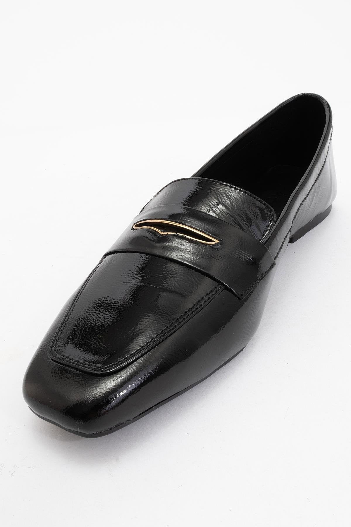 Iridessa - Black Patent Leather Loafers – detail view showing leather, black, red, Vowalisse
