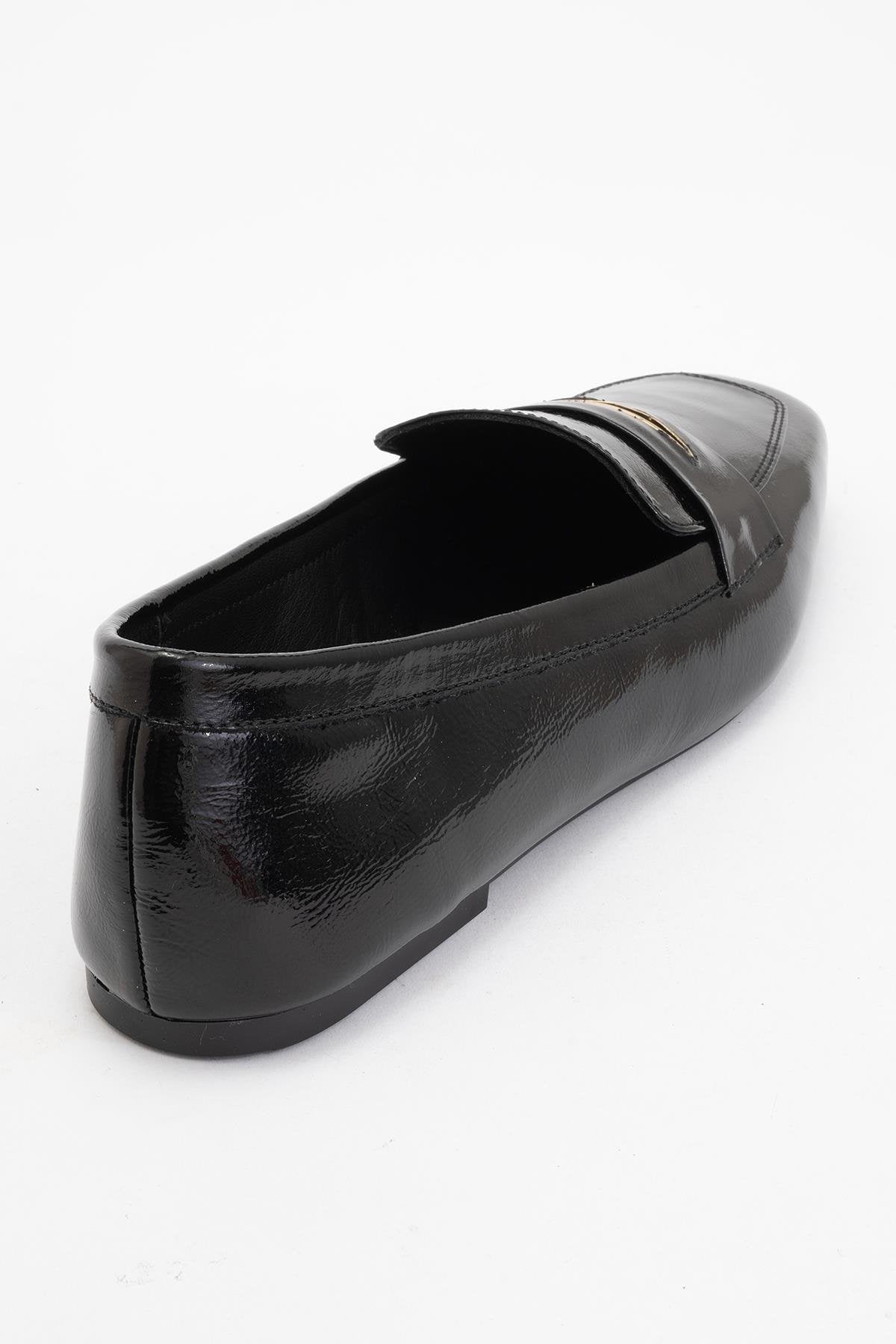 Iridessa - Black Patent Leather Loafers – heel view showing leather, black, red, Vowalisse
