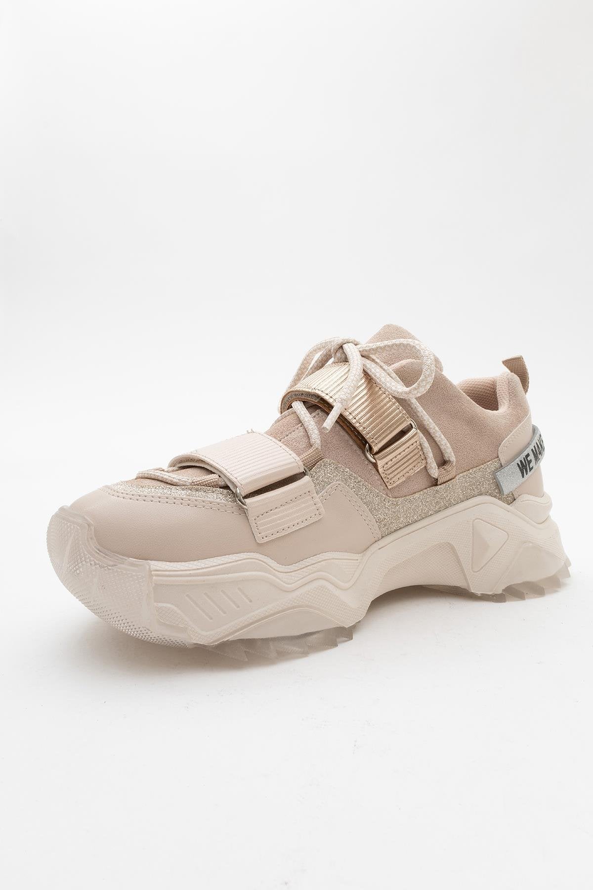Lulen - Blush Glitter Script Velcro Sneakers – detail view showing leather, glitter, Vowalisse