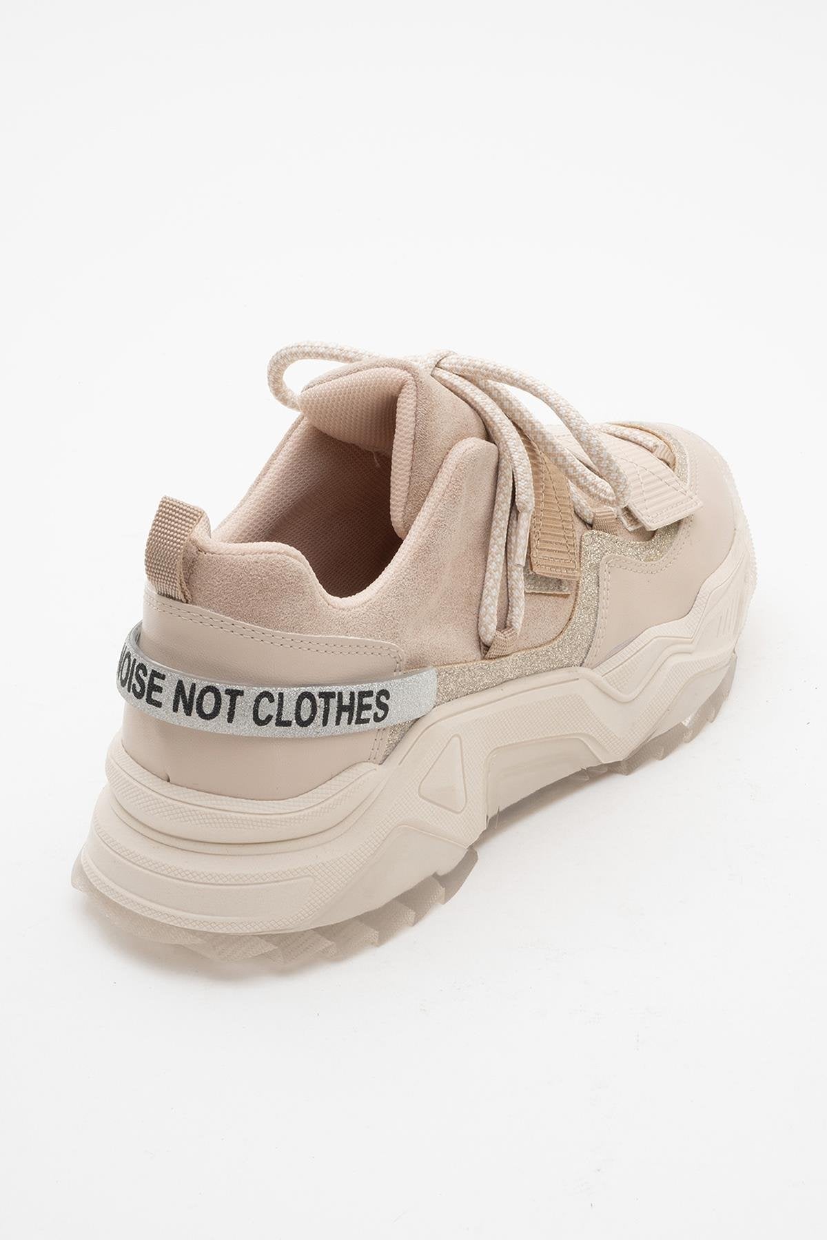 Lulen - Blush Glitter Script Velcro Sneakers – heel view showing leather, glitter, Vowalisse