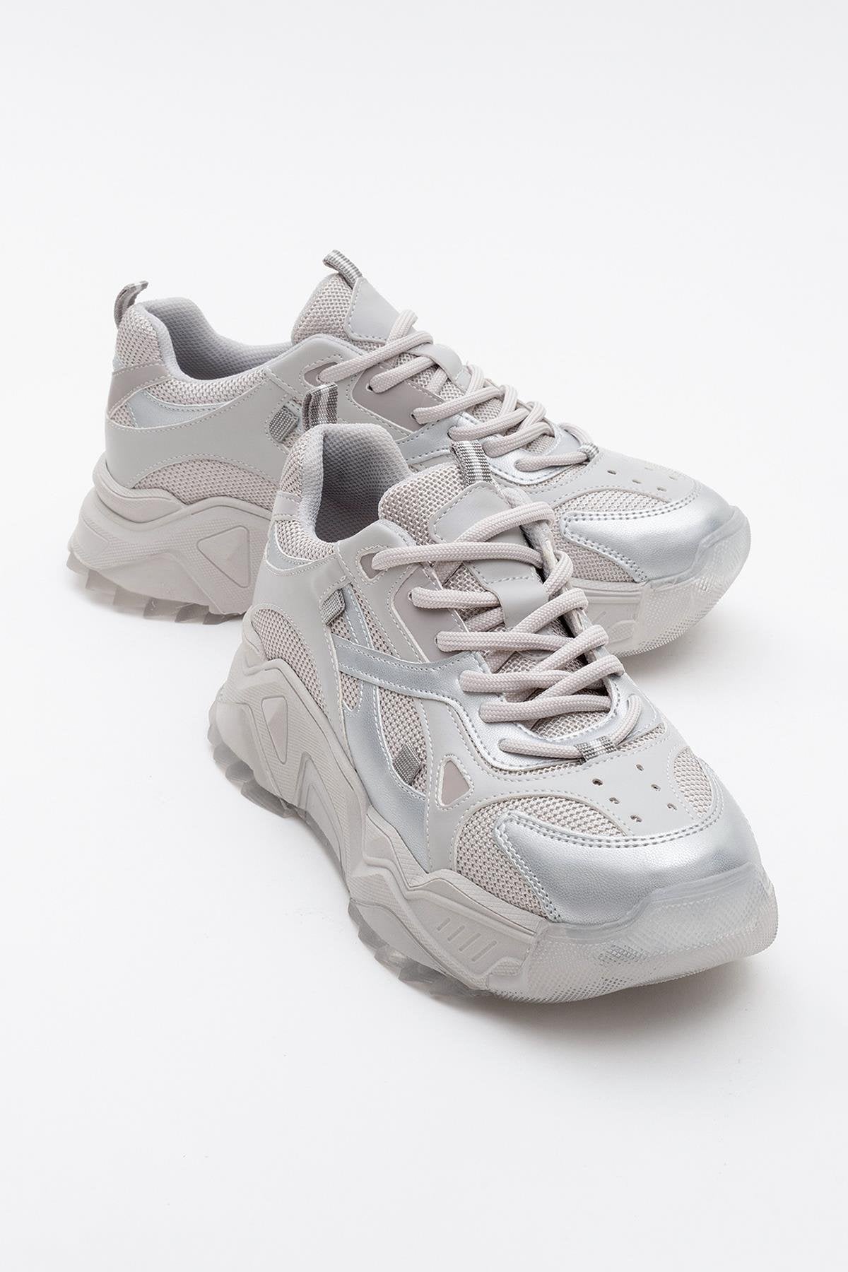 Loretta - Silver Gray Sneaker – front three-quarter view showing leather, silver, Vowalisse