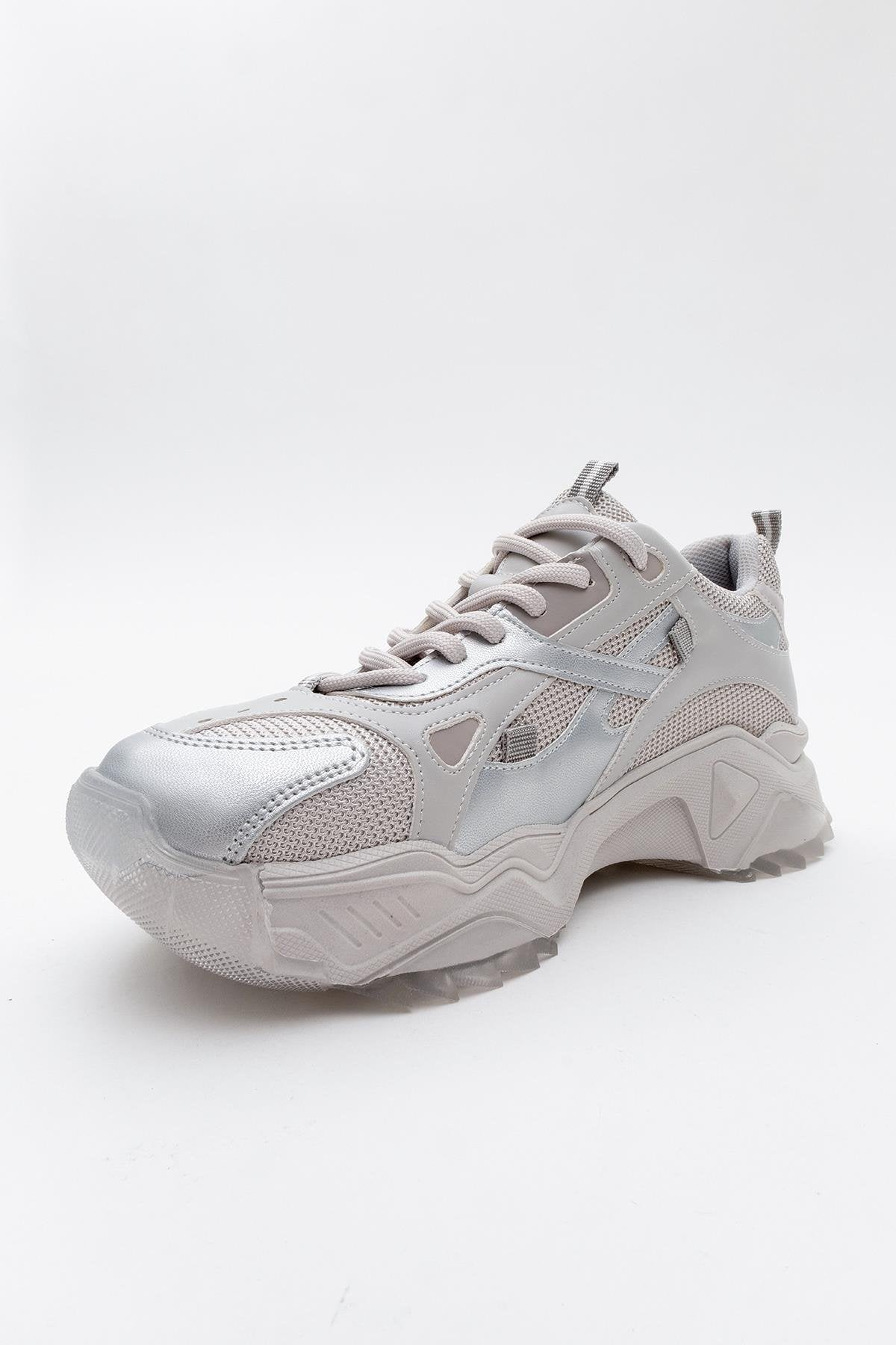 Loretta - Silver Gray Sneaker – detail view showing leather, silver, Vowalisse