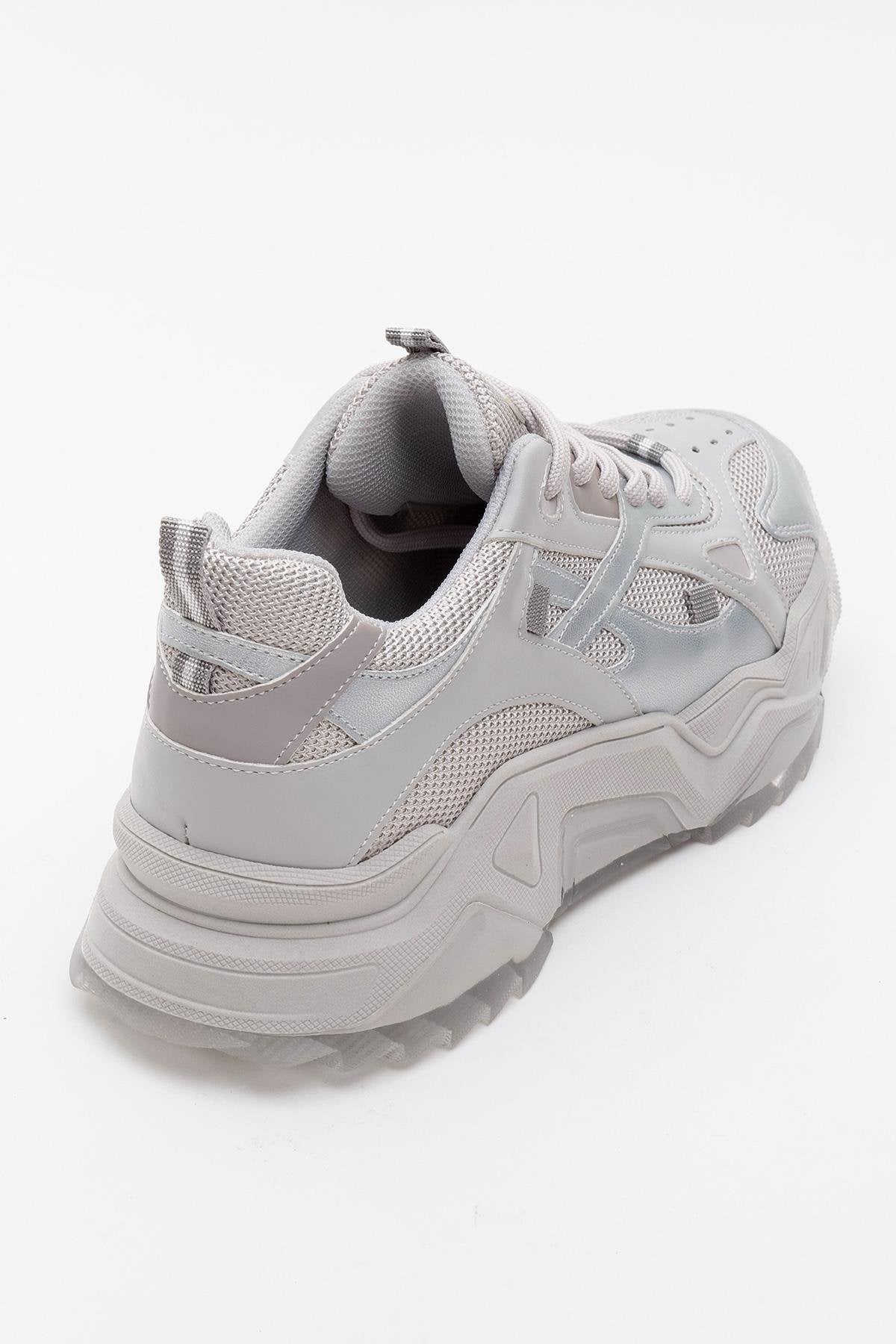 Loretta - Silver Gray Sneaker – heel view showing leather, silver, Vowalisse