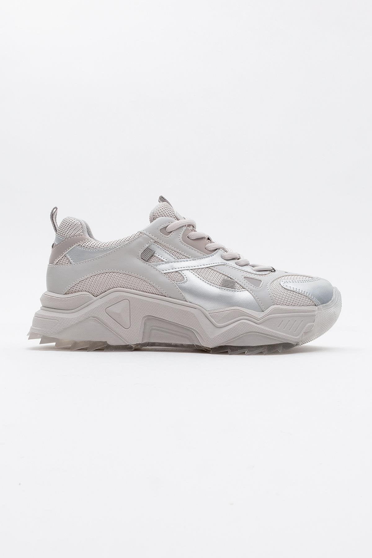 Loretta - Silver Gray Sneaker – back view showing leather, silver, Vowalisse