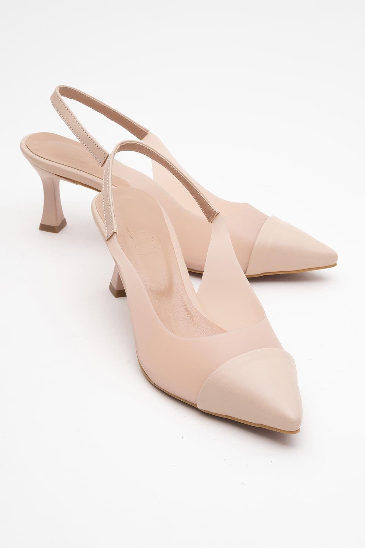 Moore - Beige Transparent Back Pointed Toe High Heel – front three-quarter view showing leather, Vowalisse
