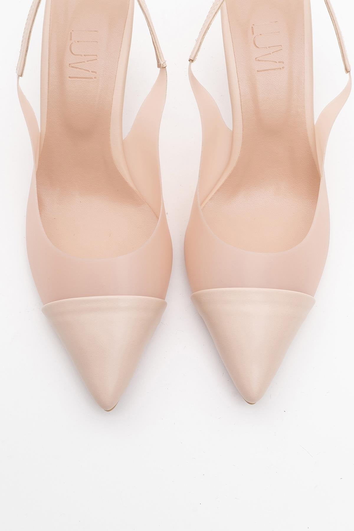 Moore - Beige Transparent Back Pointed Toe High Heel – side view showing leather, Vowalisse