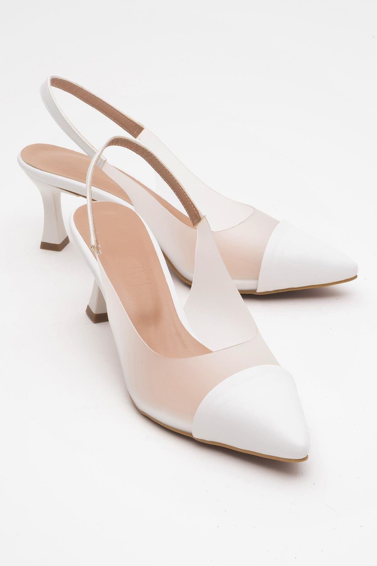 Moore - White Transparent Open Back Pointed Toe High Heel Shoe – front three-quarter view showing leather, white, Vowalisse