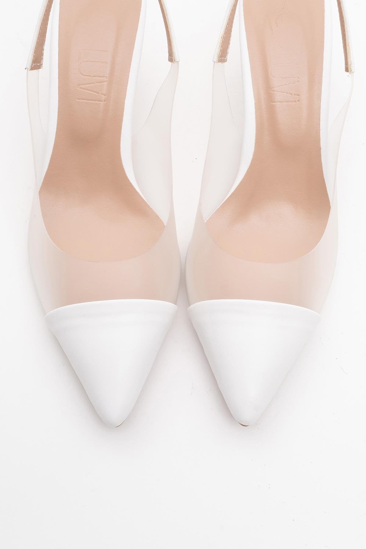 Moore - White Transparent Open Back Pointed Toe High Heel Shoe – side view showing leather, white, Vowalisse