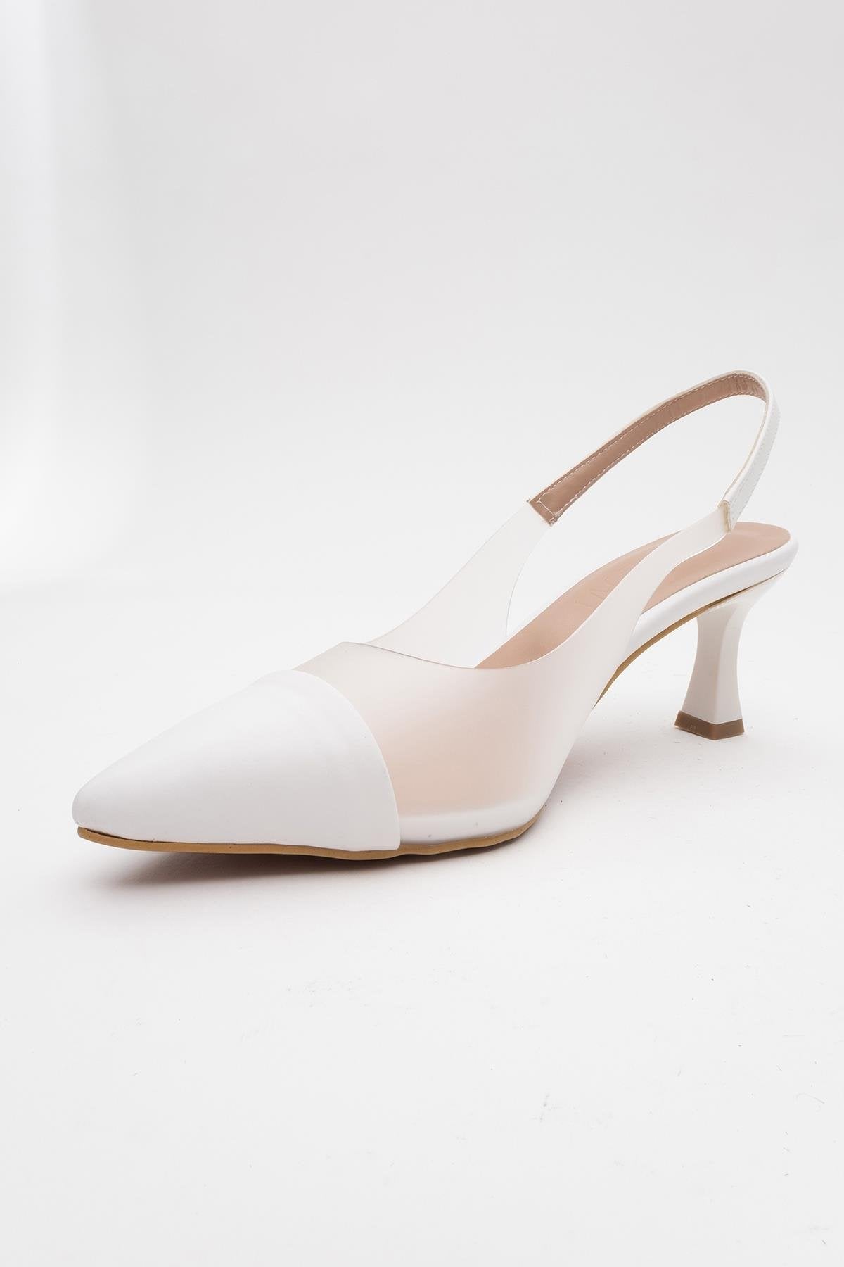 Moore - White Transparent Open Back Pointed Toe High Heel Shoe – detail view showing leather, white, Vowalisse