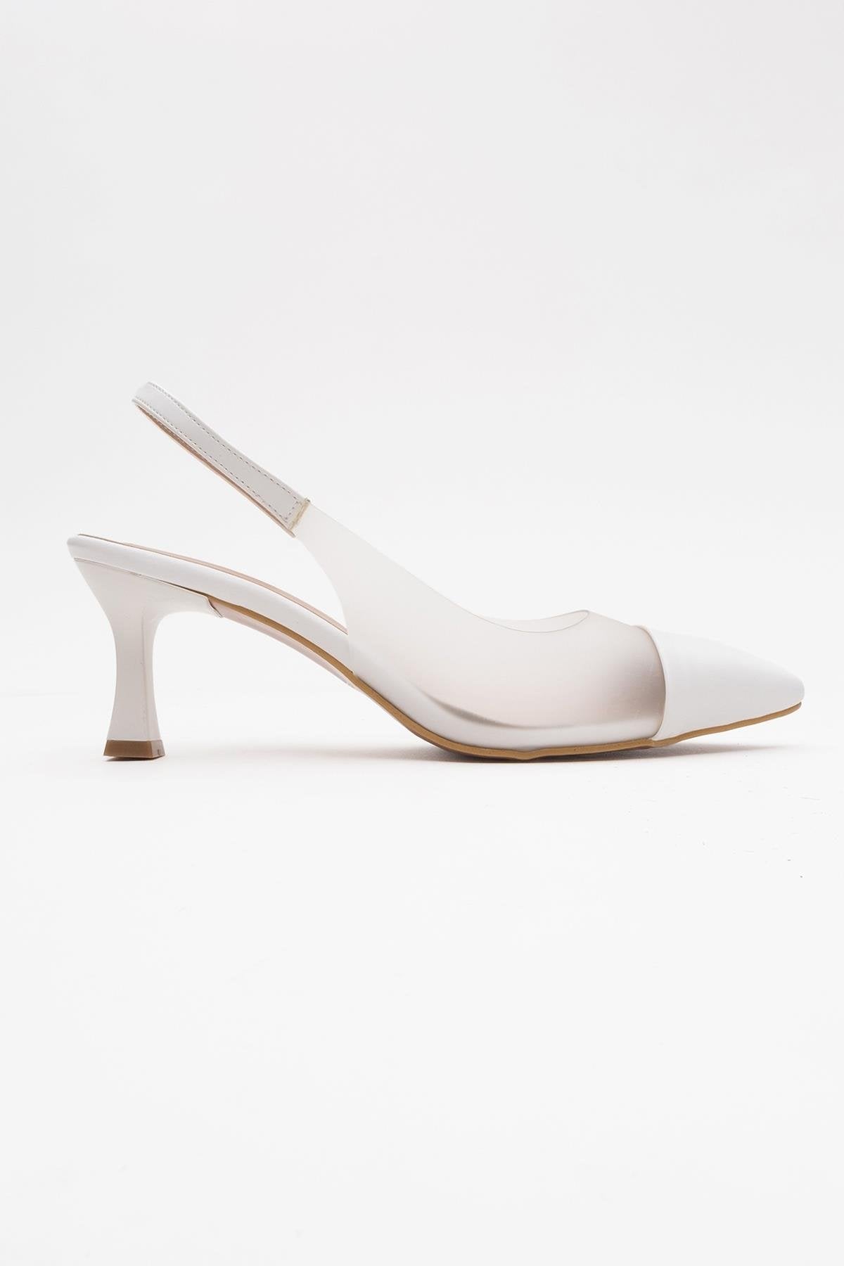 Moore - White Transparent Open Back Pointed Toe High Heel Shoe – back view showing leather, white, Vowalisse