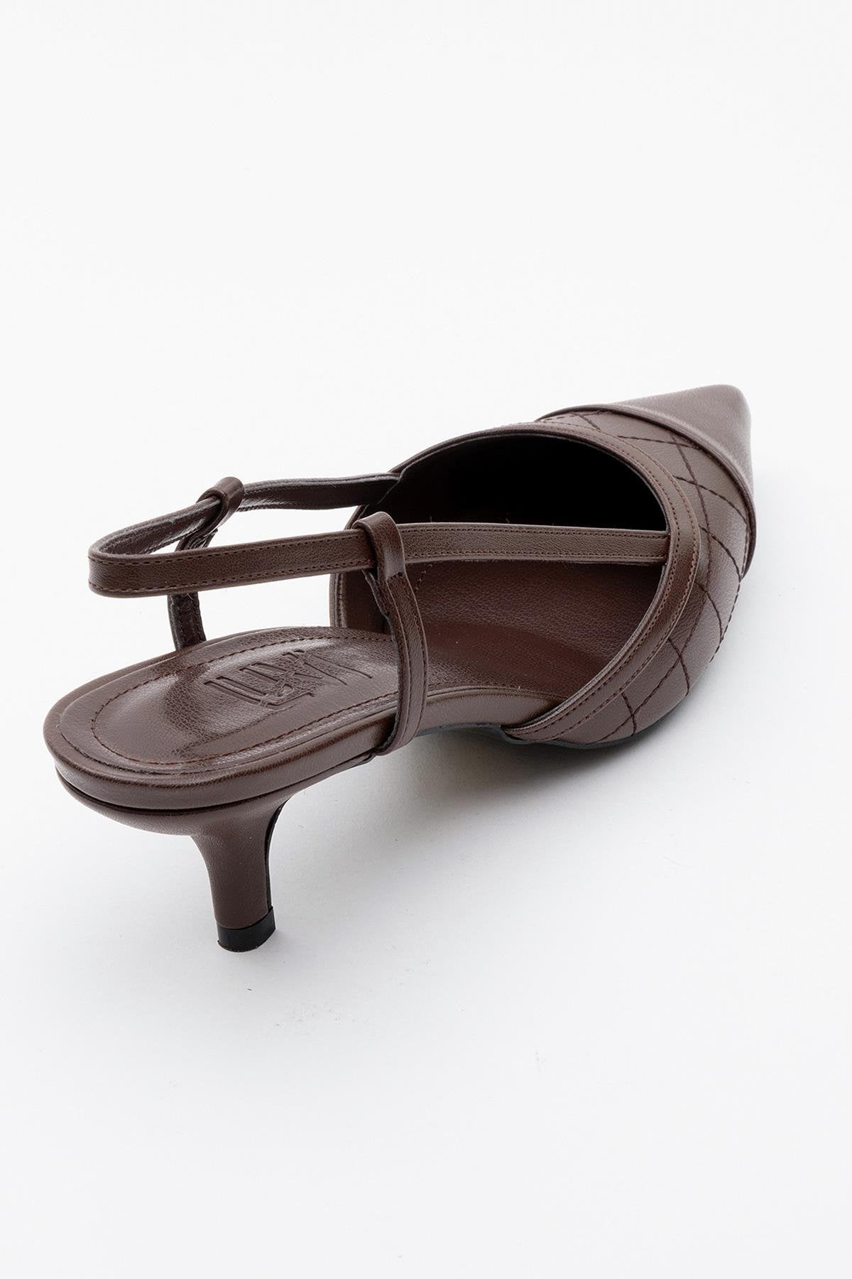 Point - Brown High Heel Shoe – heel view showing leather, Vowalisse