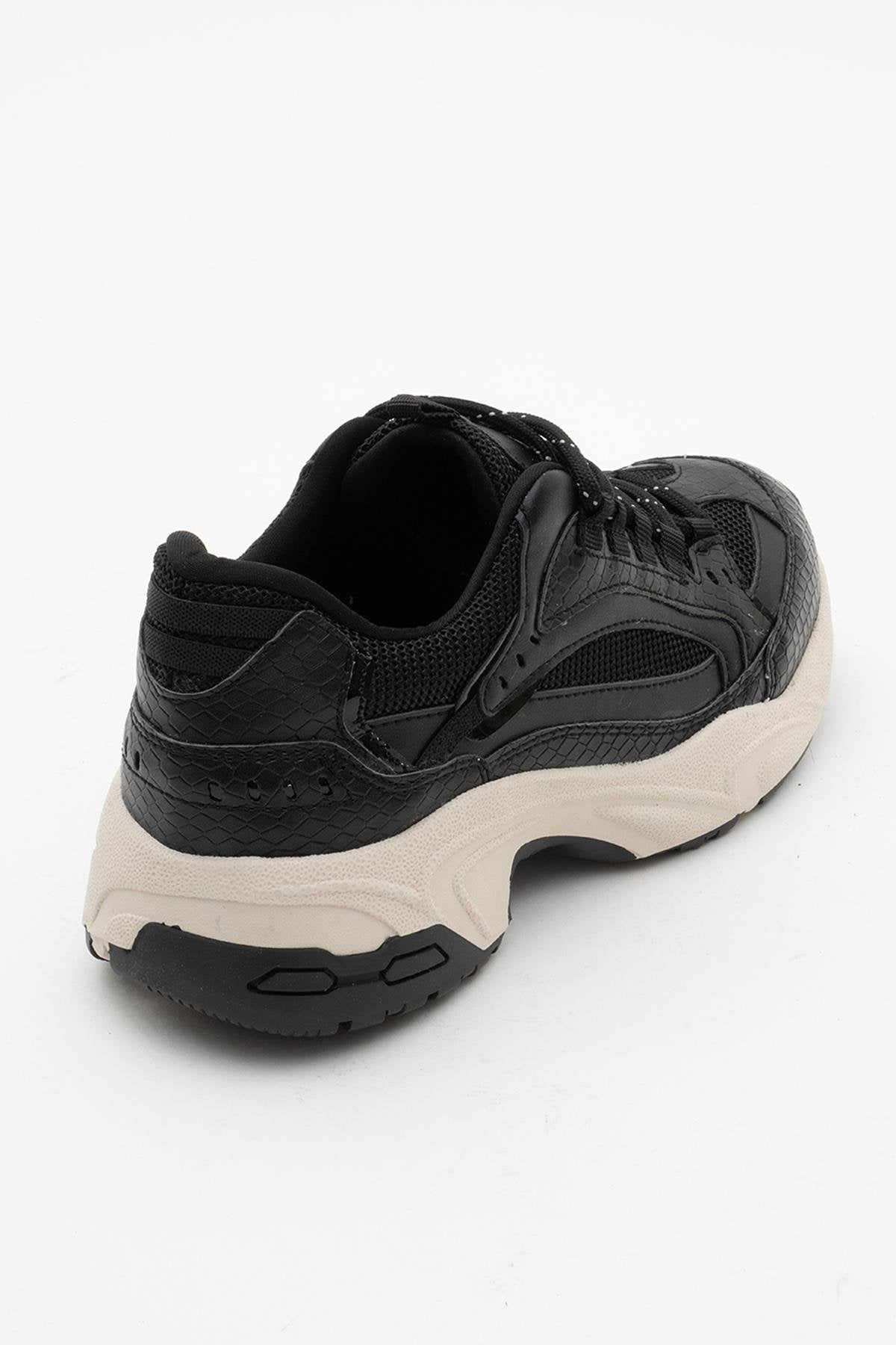 Bambi - Black Printed Mesh Sneakers – heel view showing leather, mesh, black, Vowalisse