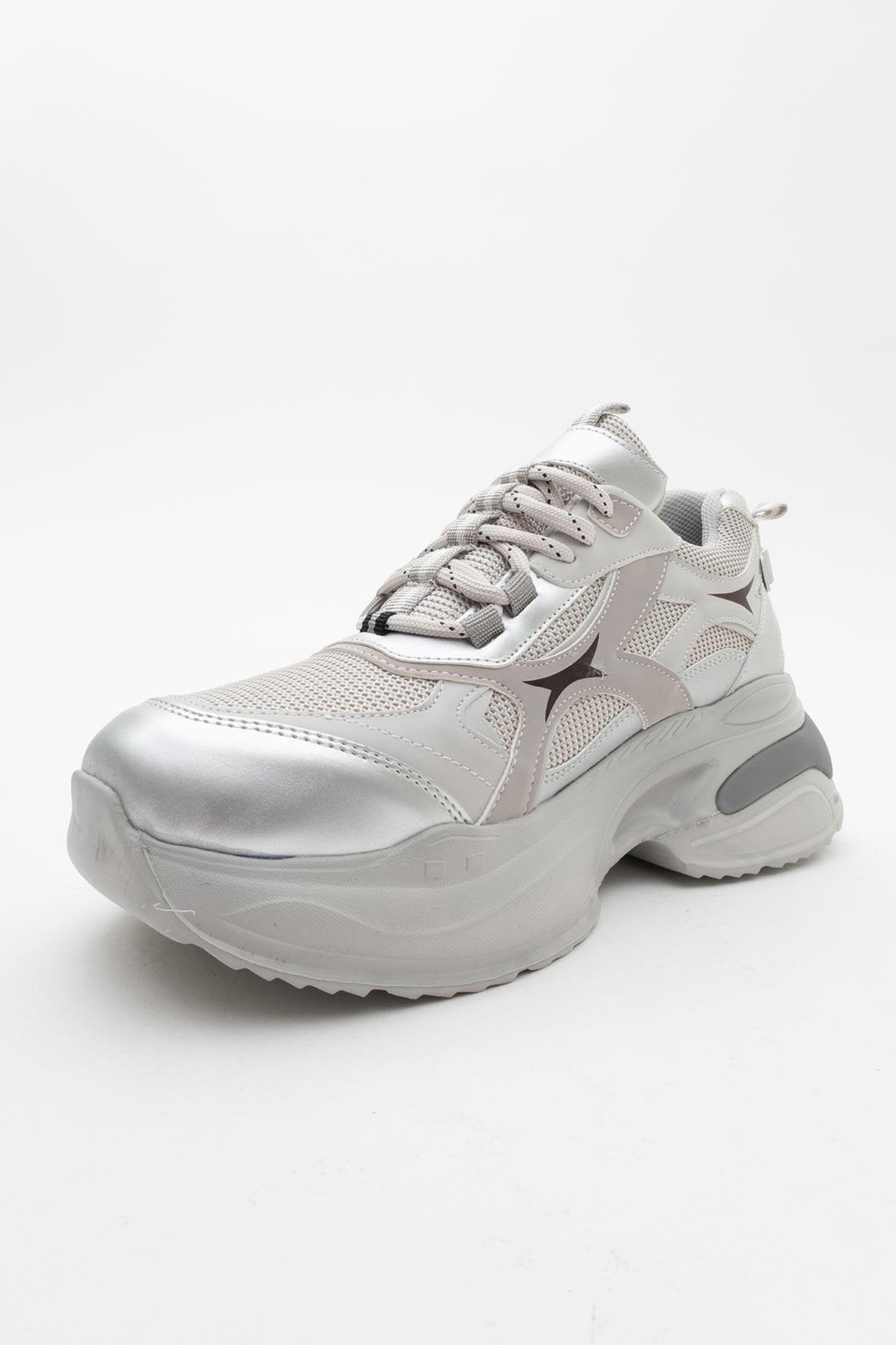 Marron - Silver Gray Sneakers – detail view showing leather, silver, Vowalisse