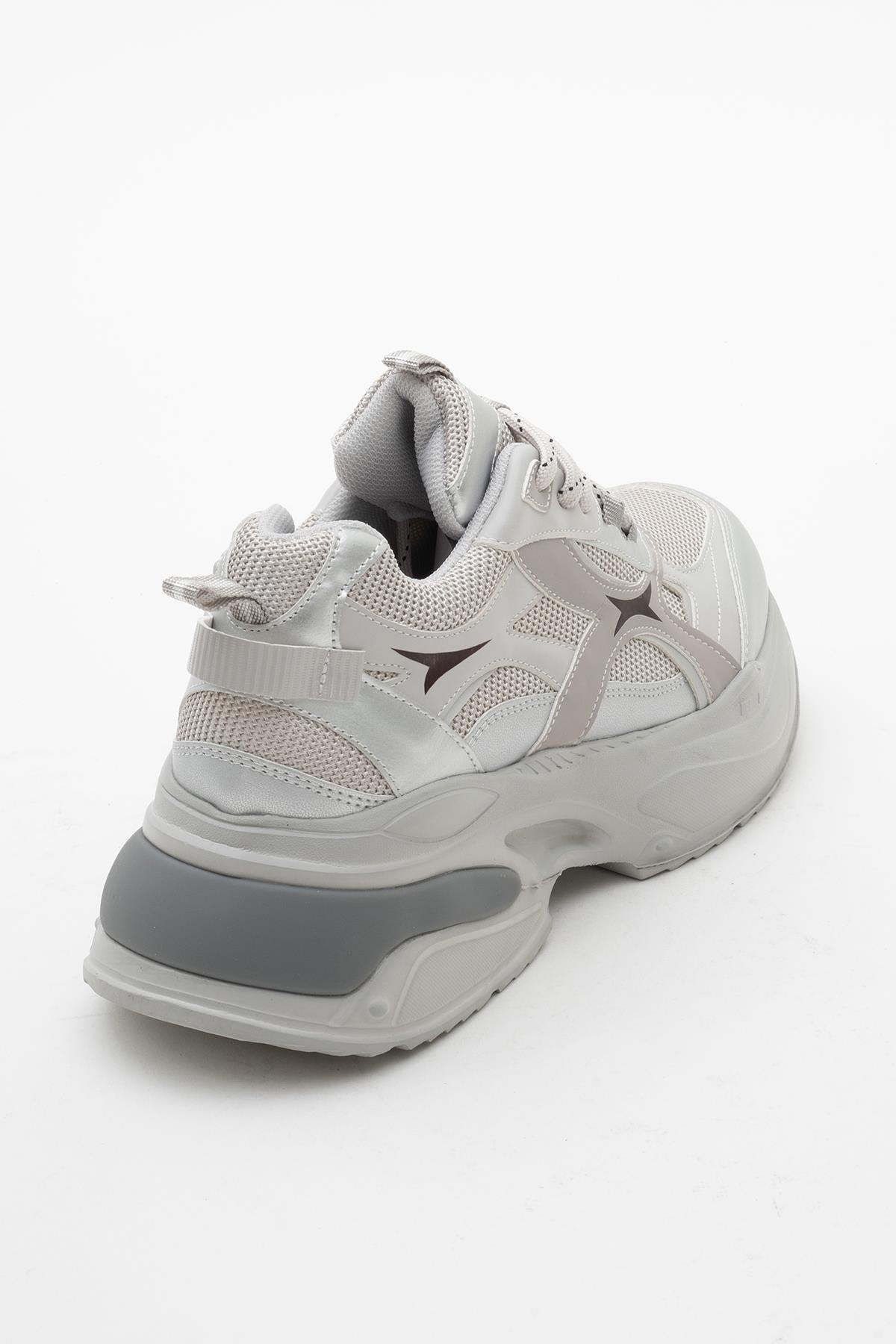 Marron - Silver Gray Sneakers – heel view showing leather, silver, Vowalisse