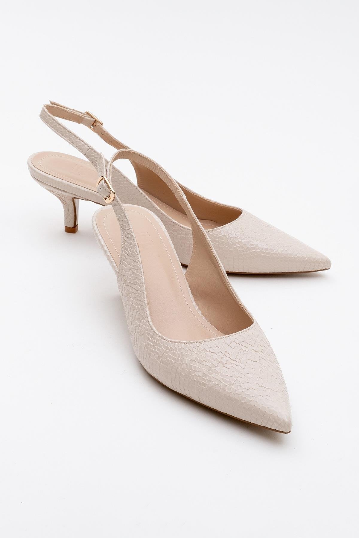 Value - Beige Patterned Heeled Shoe – front three-quarter view showing leather, Vowalisse