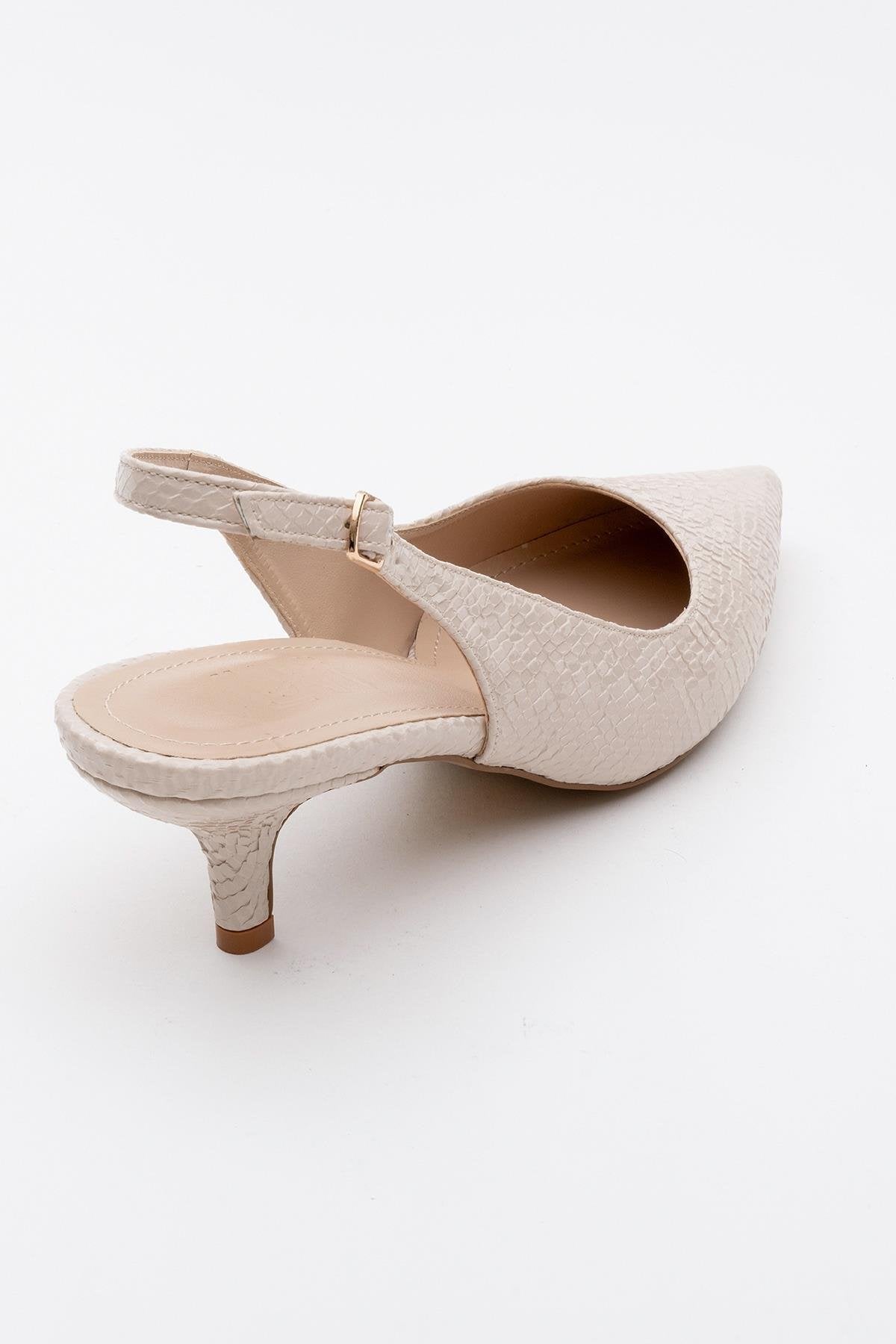 Value - Beige Patterned Heeled Shoe – heel view showing leather, Vowalisse