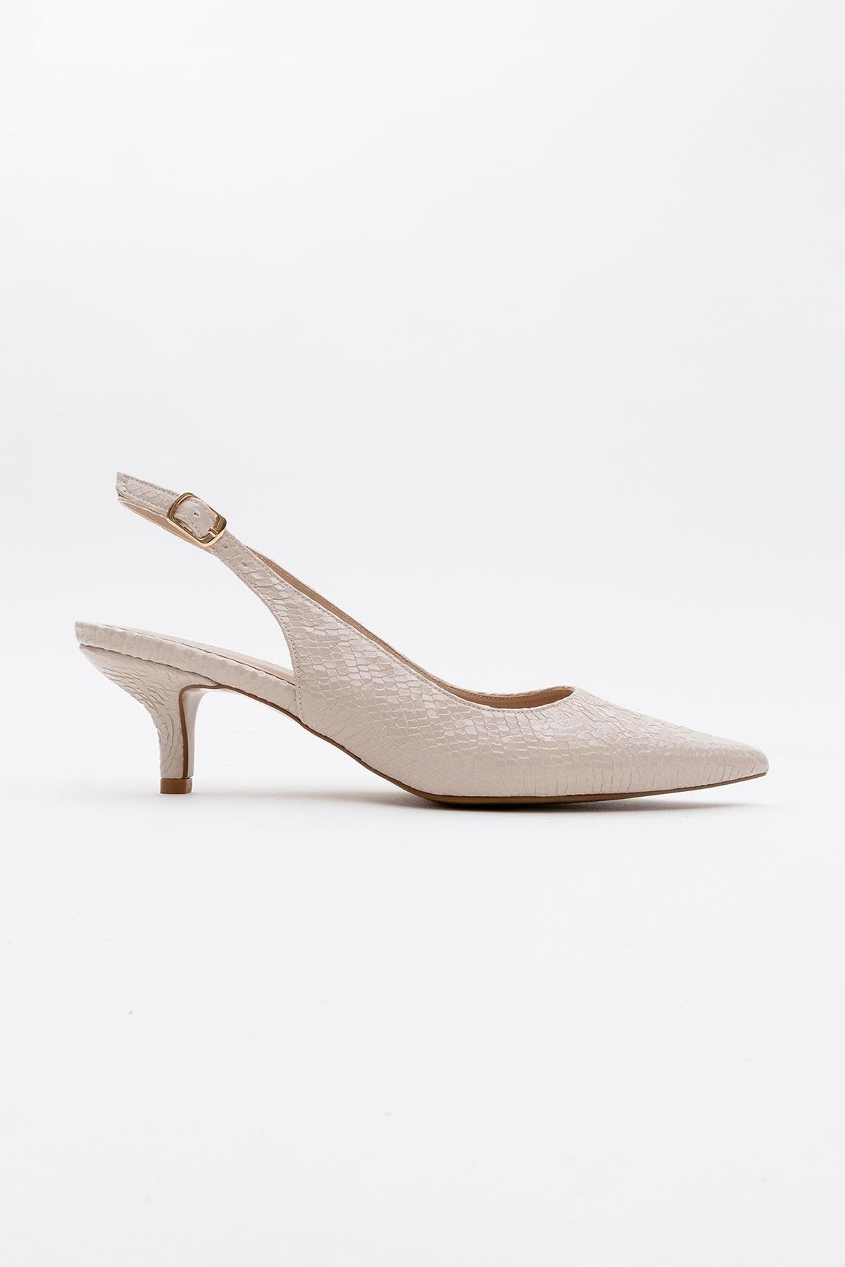 Value - Beige Patterned Heeled Shoe – back view showing leather, Vowalisse