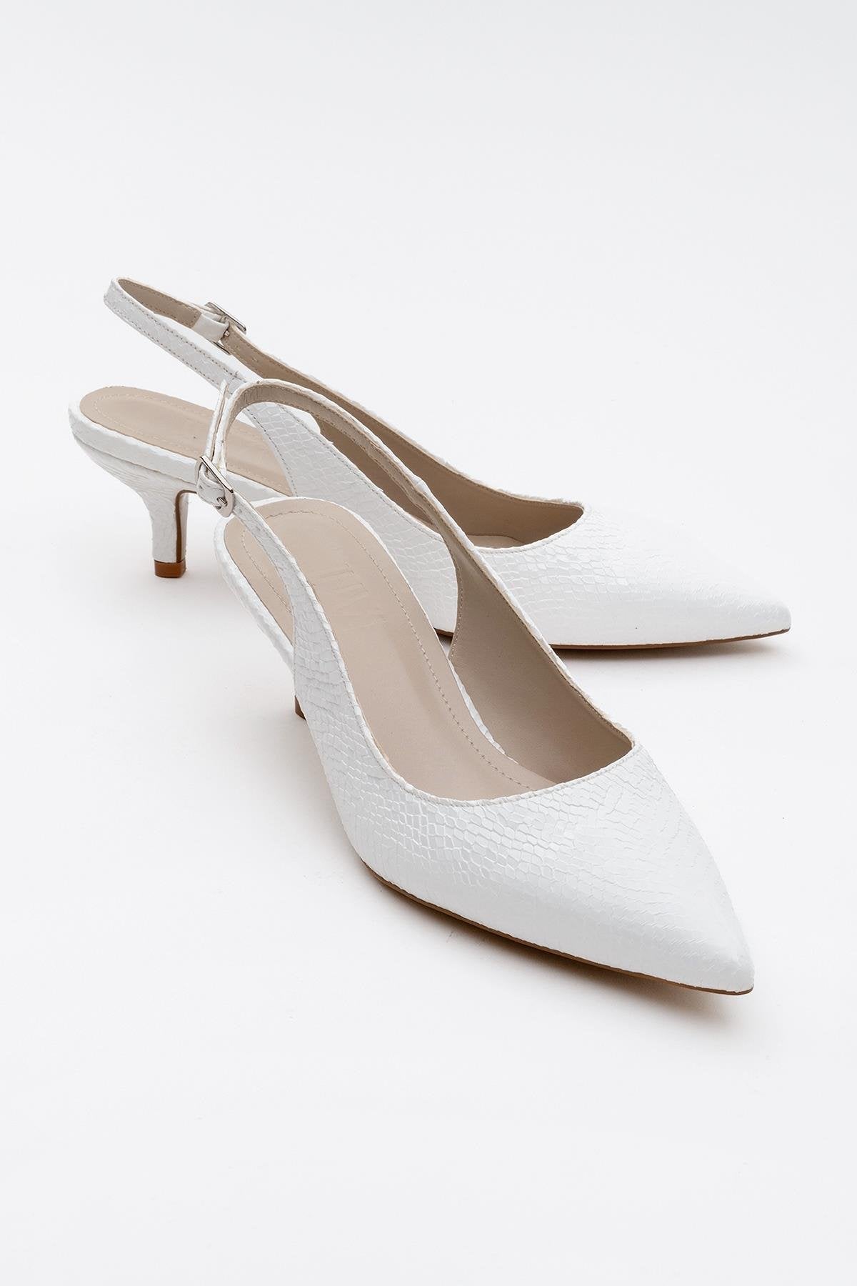 Value - White Patterned Heeled Shoe – front three-quarter view showing leather, white, Vowalisse