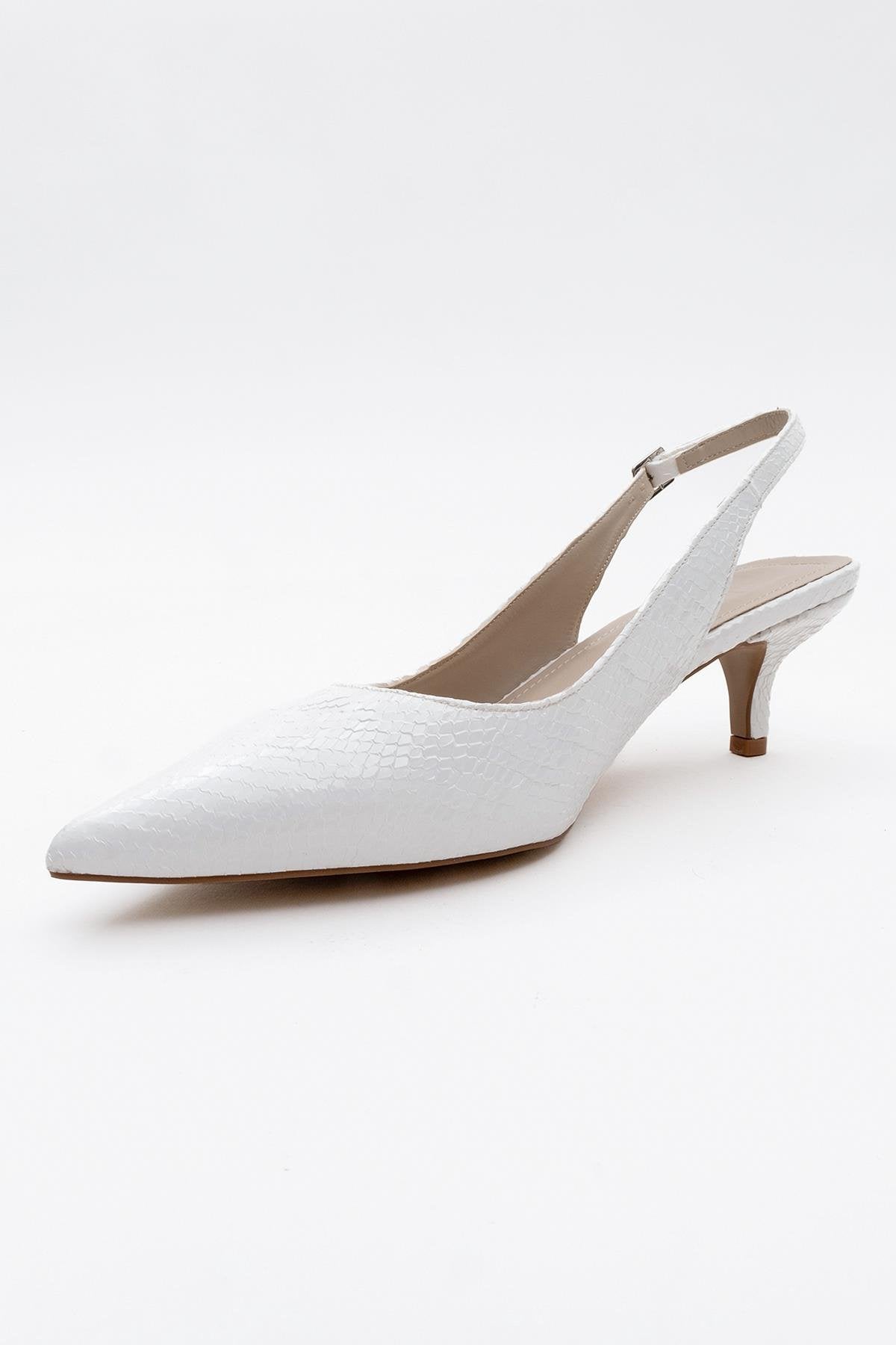 Value - White Patterned Heeled Shoe – detail view showing leather, white, Vowalisse