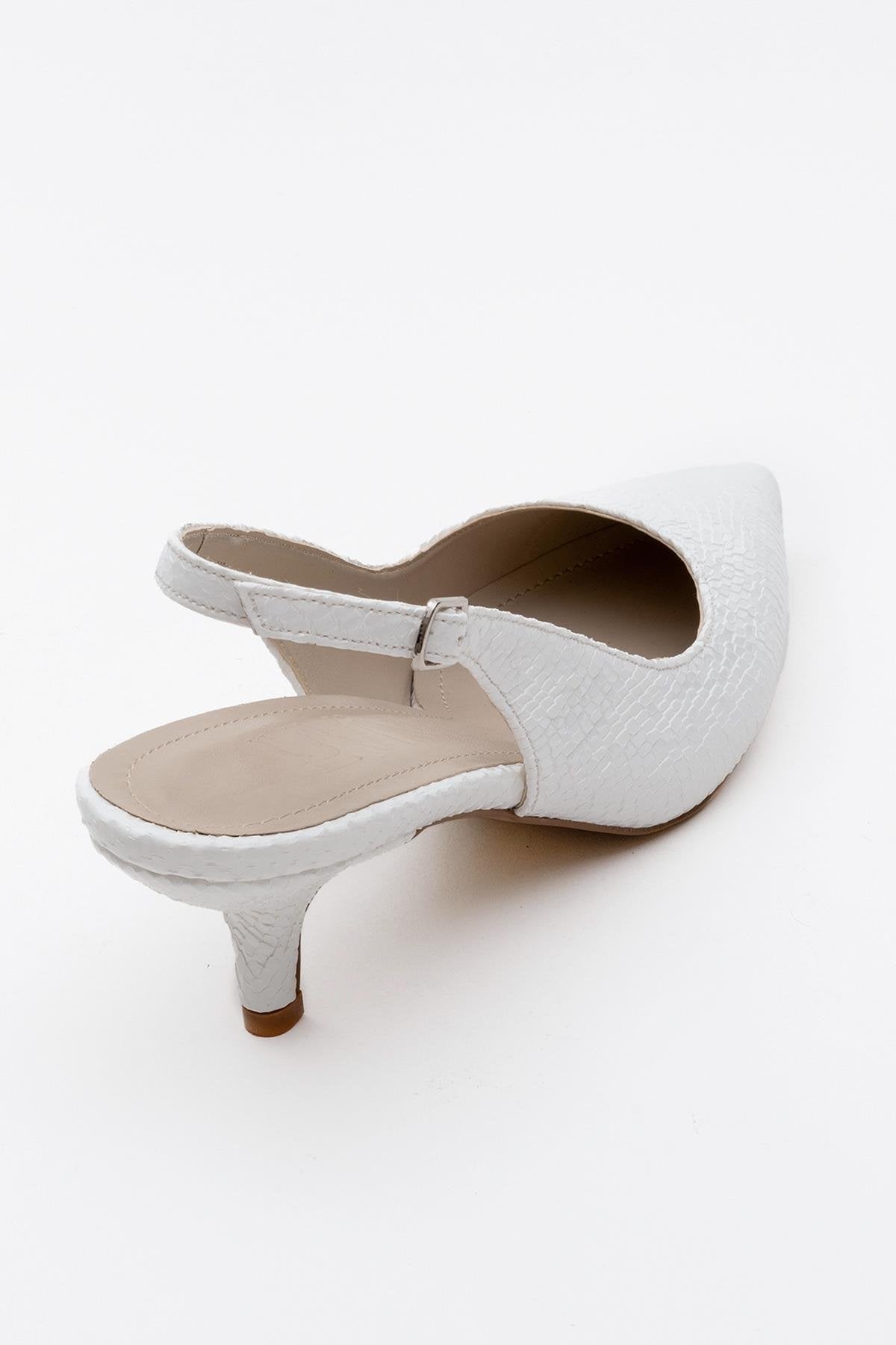 Value - White Patterned Heeled Shoe – heel view showing leather, white, Vowalisse