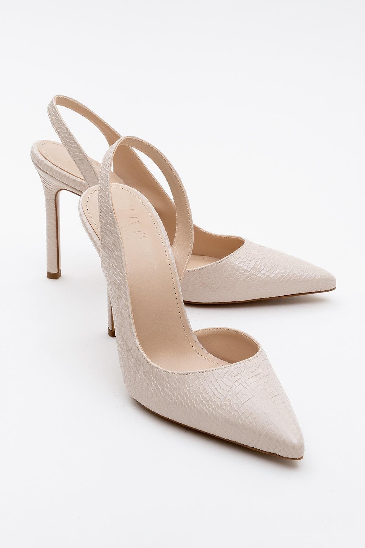 Twine - Beige Patterned Heeled Shoe – front three-quarter view showing leather, Vowalisse