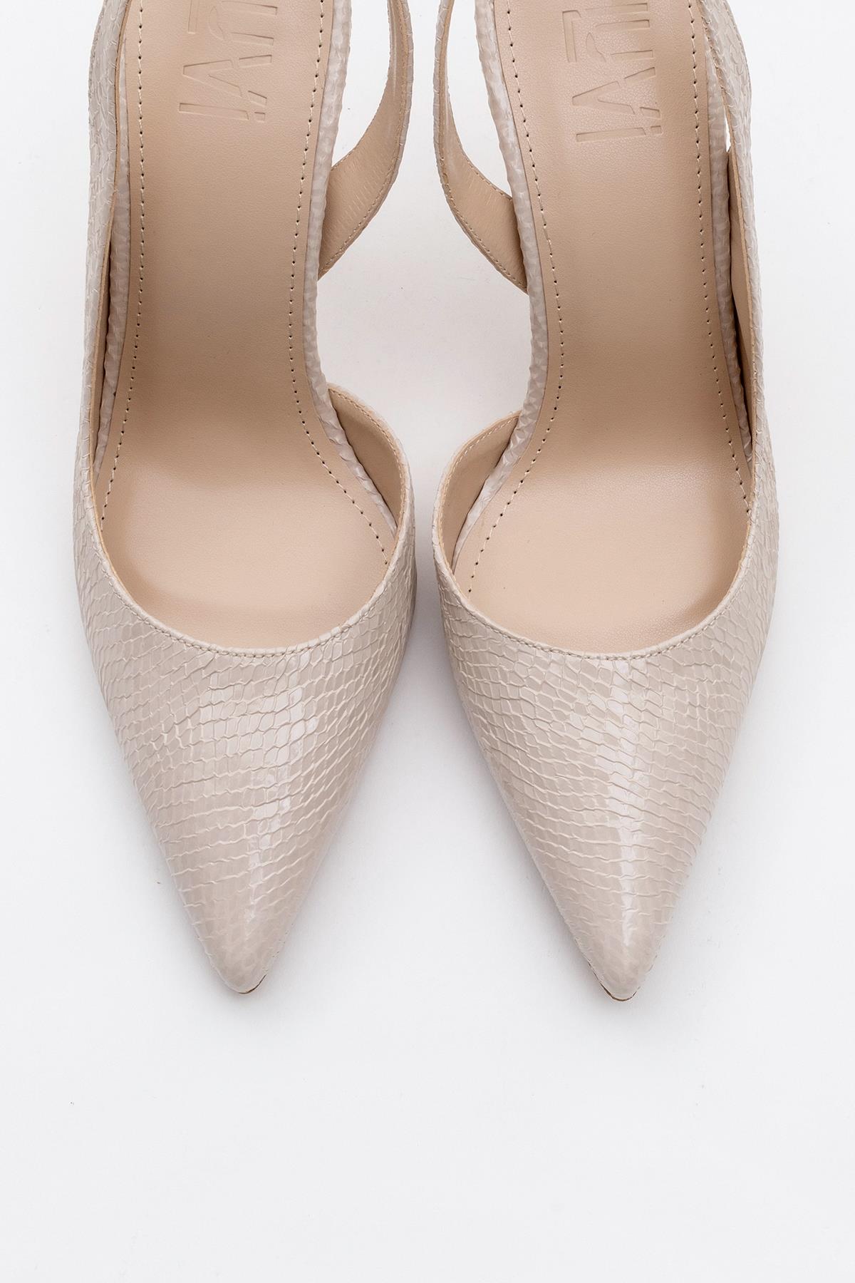 Twine - Beige Patterned Heeled Shoe – side view showing leather, Vowalisse