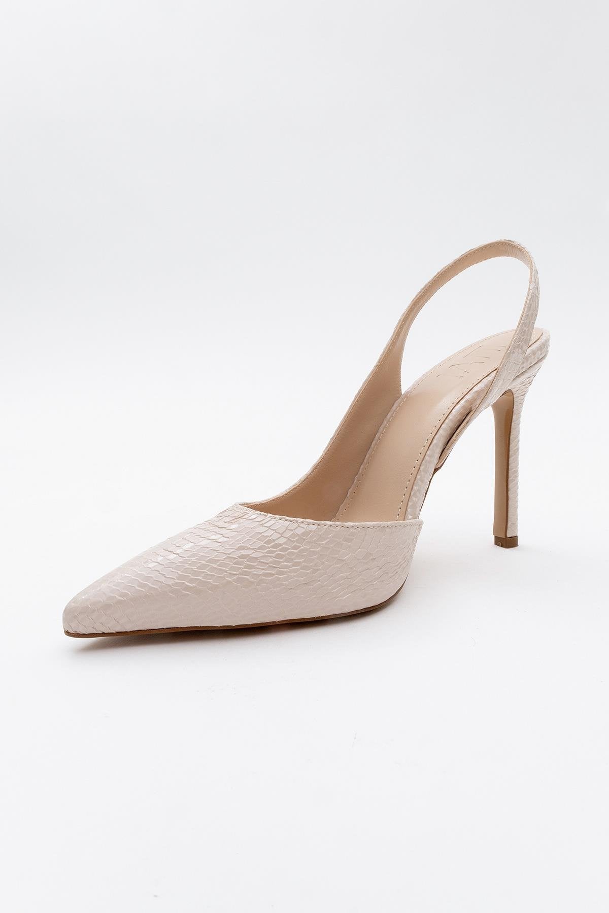 Twine - Beige Patterned Heeled Shoe – detail view showing leather, Vowalisse