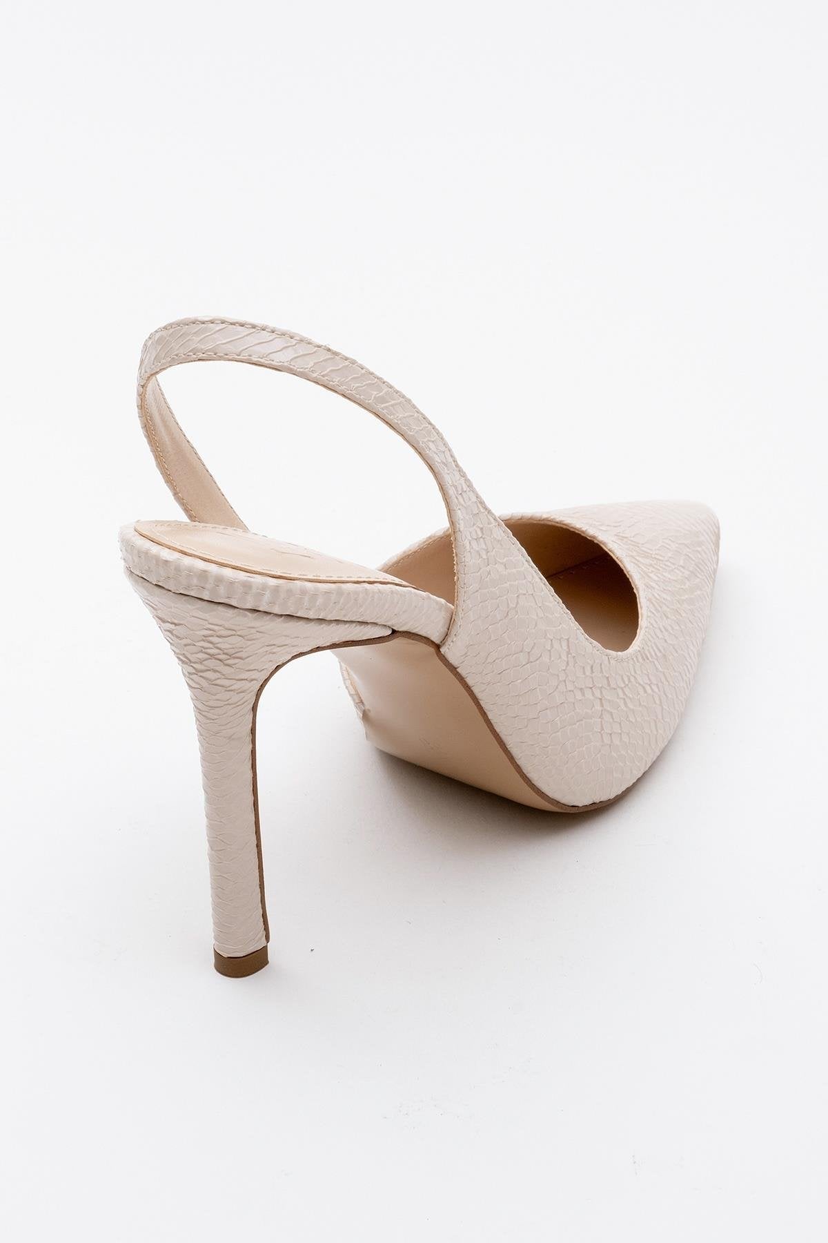Twine - Beige Patterned Heeled Shoe – heel view showing leather, Vowalisse