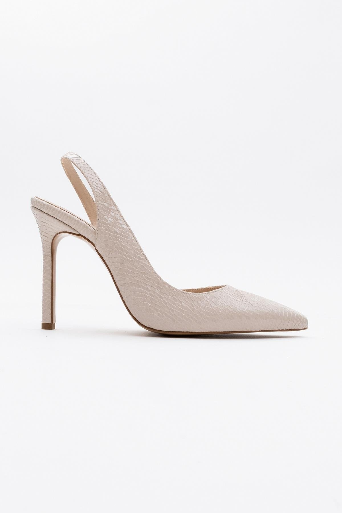 Twine - Beige Patterned Heeled Shoe – back view showing leather, Vowalisse