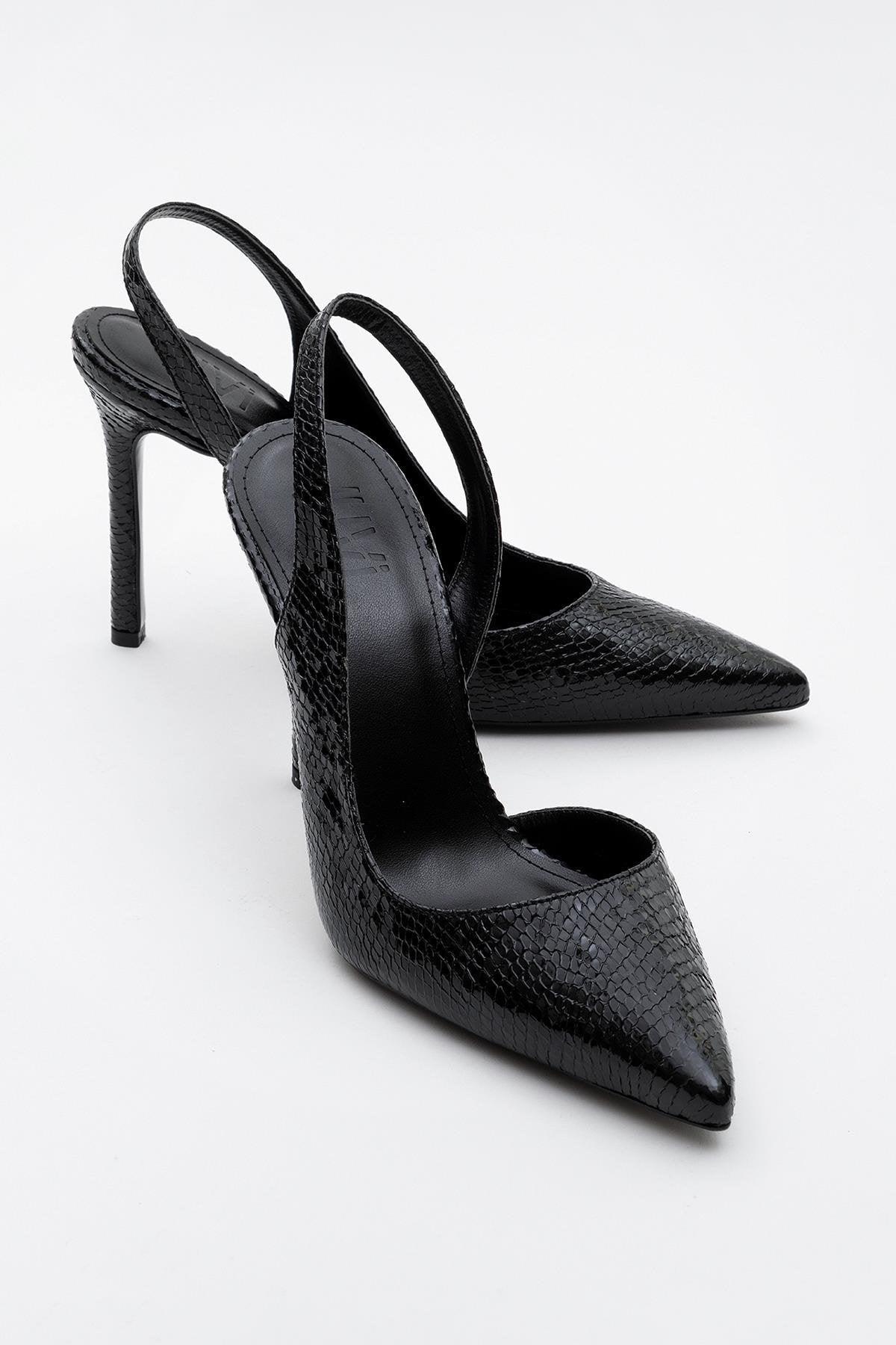 Twine - Black Patterned Heeled Shoe – front three-quarter view showing leather, black, Vowalisse