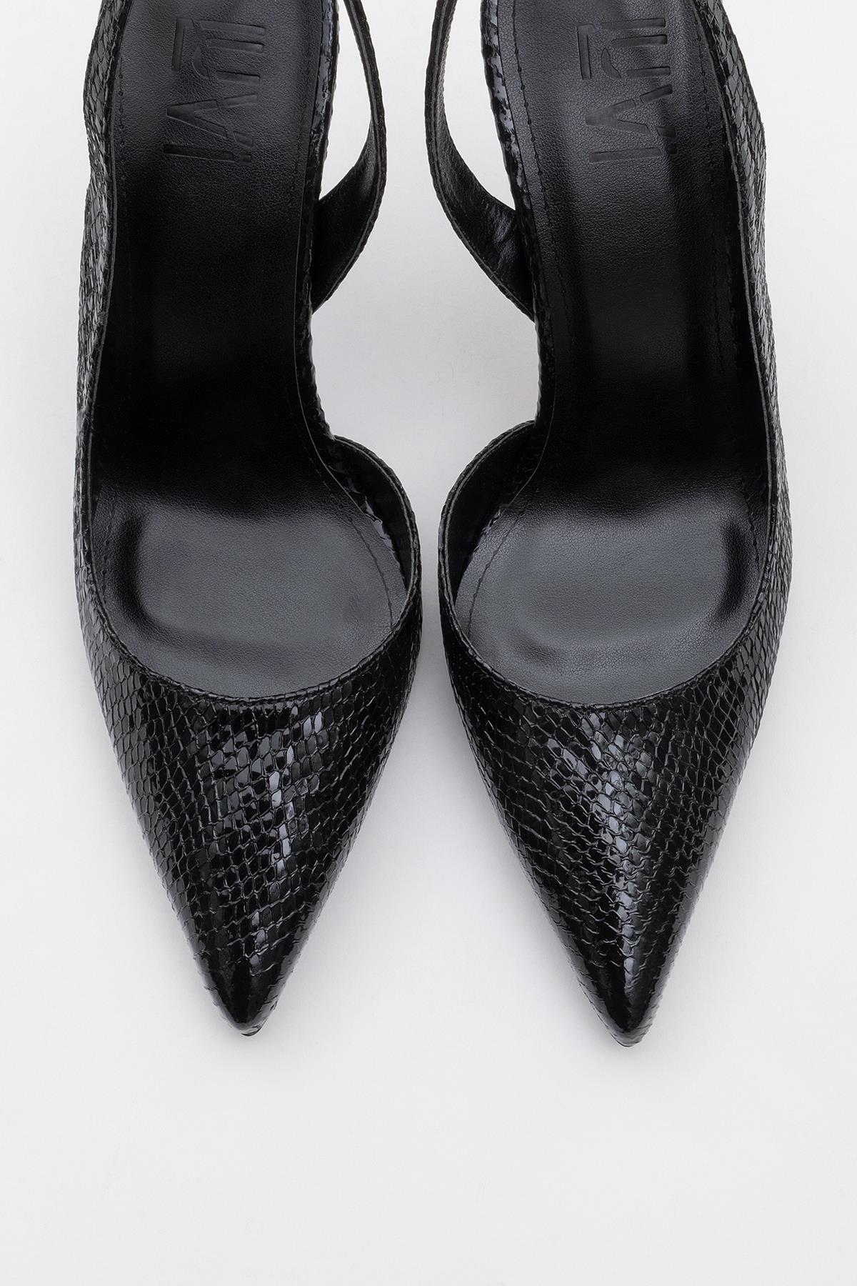 Twine - Black Patterned Heeled Shoe – side view showing leather, black, Vowalisse