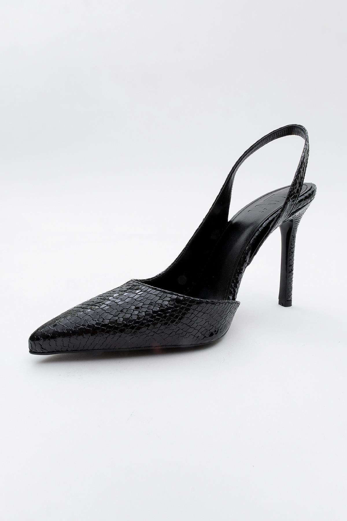 Twine - Black Patterned Heeled Shoe – detail view showing leather, black, Vowalisse