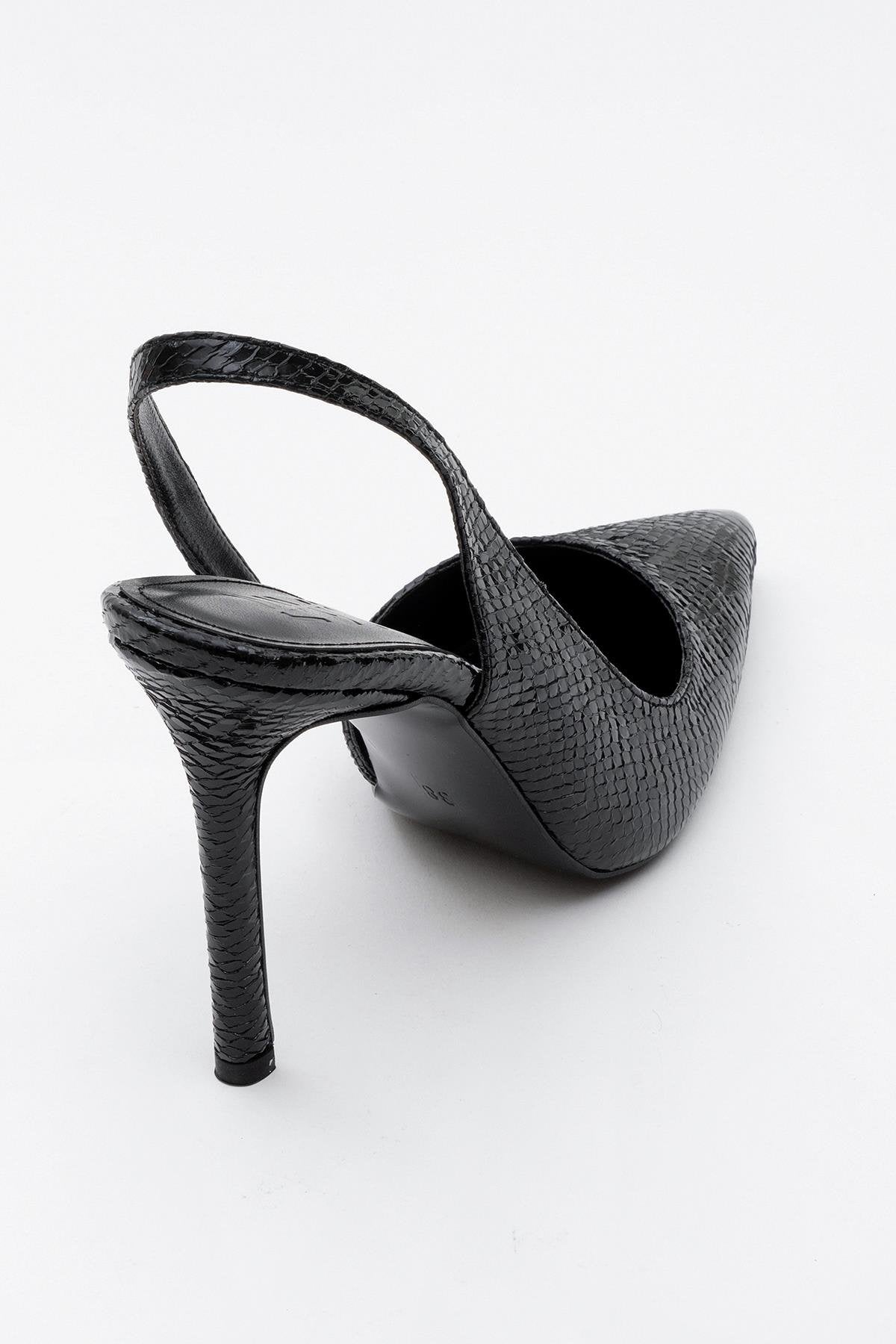 Twine - Black Patterned Heeled Shoe – heel view showing leather, black, Vowalisse