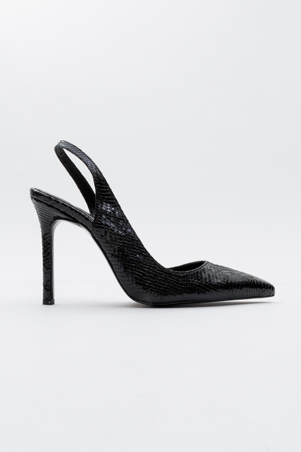 Twine - Black Patterned Heeled Shoe – back view showing leather, black, Vowalisse